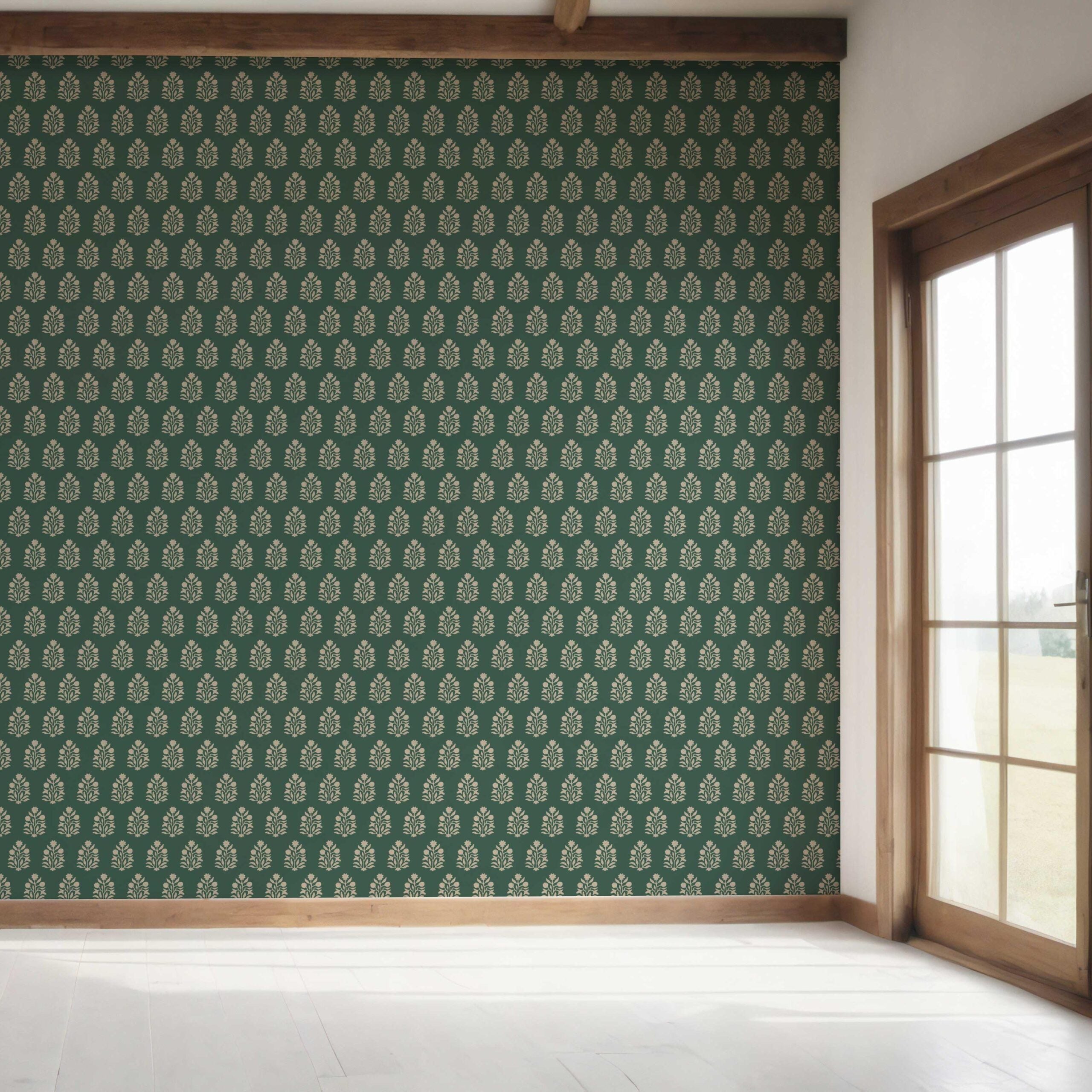 Vintage-Inspired Botanical Floral Block Print Bedroom Wallpaper (Green/ Beige)
