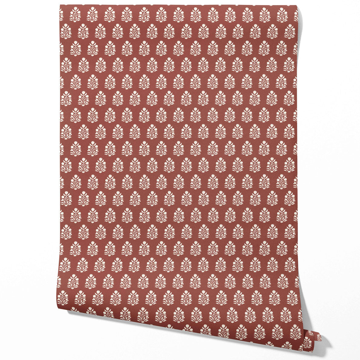 Vintage-Inspired Botanical Floral Block Print Traditional Wallpaper Sample (Brick Red/ White)