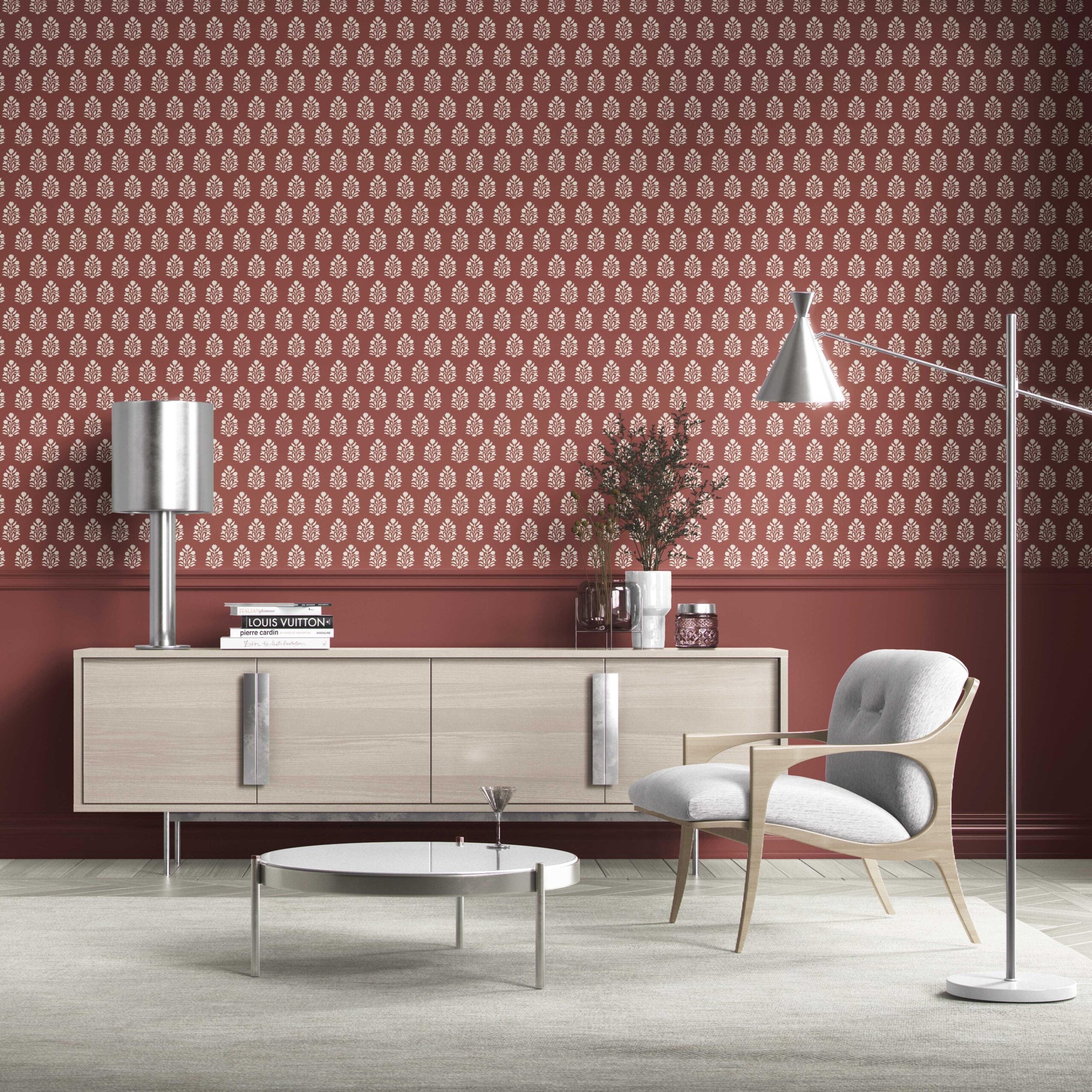 Vintage-Inspired Botanical Floral Block Print Kitchen Wallpaper Sample (Brick Red/ White)