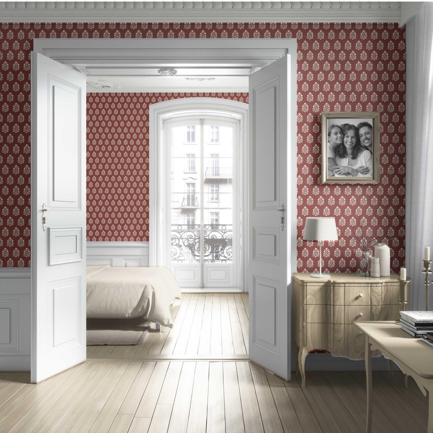 Vintage-Inspired Botanical Floral Block Print Living Room Wallpaper Sample (Brick Red/ White)