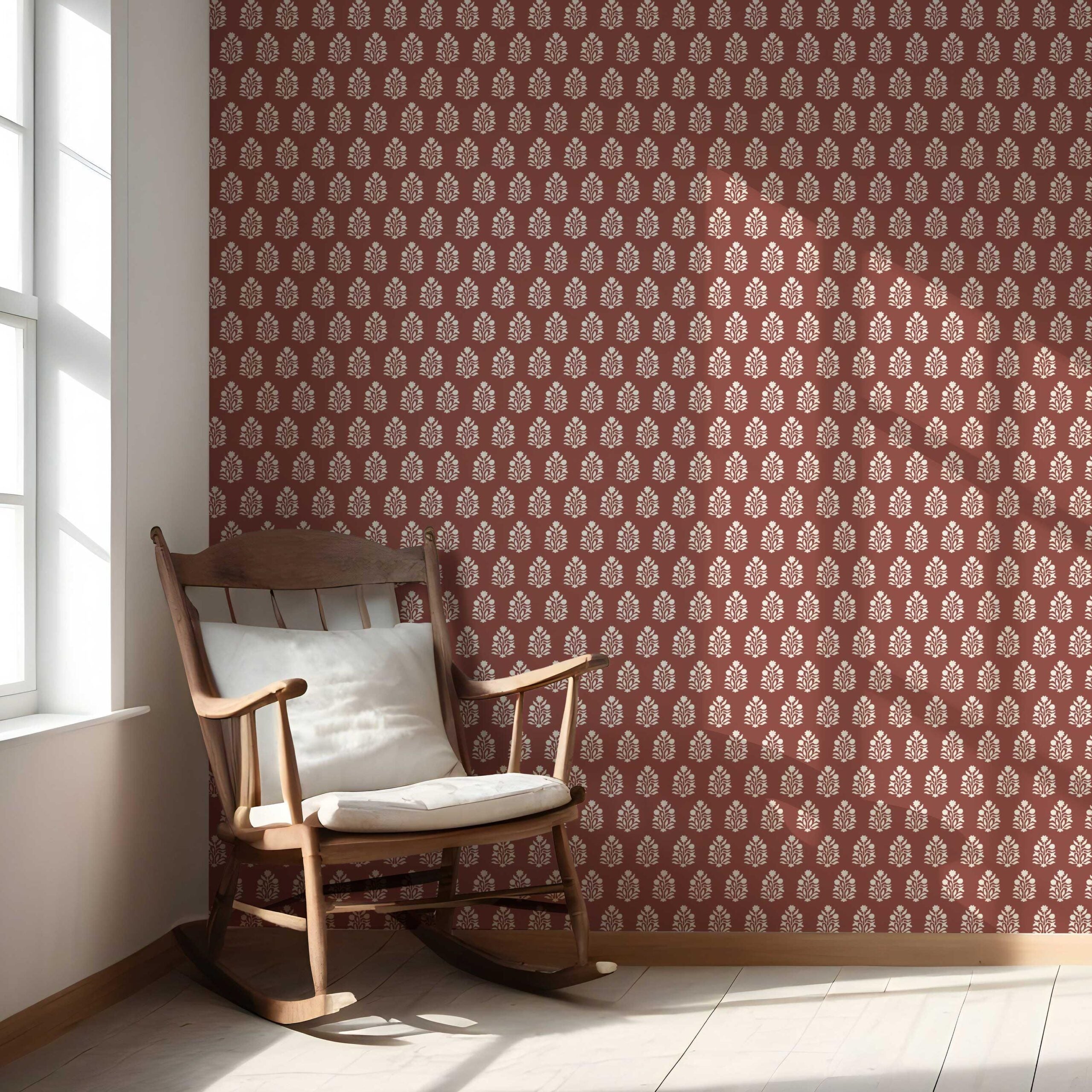 Vintage-Inspired Botanical Floral Block Print Nursery Wallpaper Sample (Brick Red/ White)
