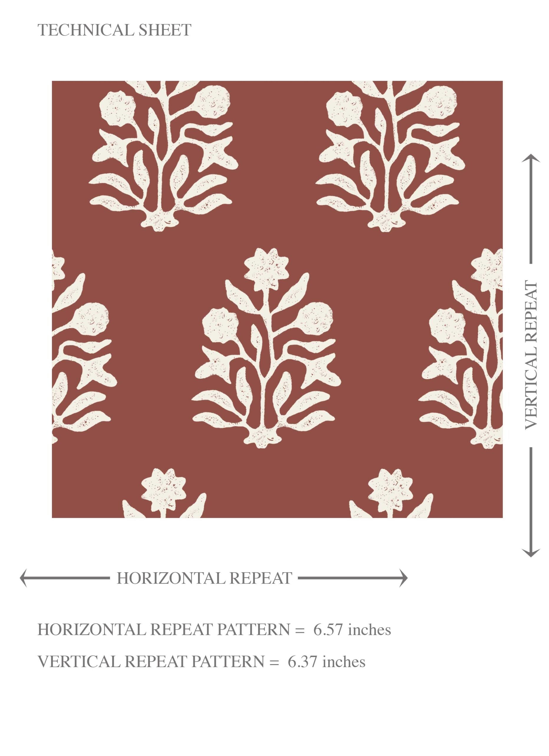 Vintage-Inspired Botanical Floral Block Print Kids Room Wallpaper Sample (Brick Red/ White)