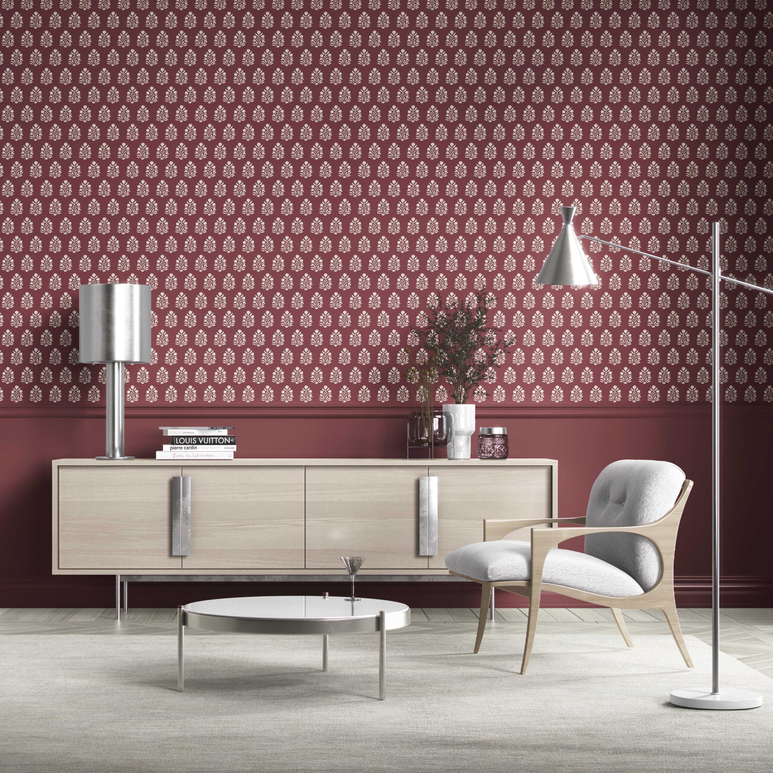 Vintage-Inspired Botanical Floral Block Print Kitchen Wallpaper Sample (Red/ White)