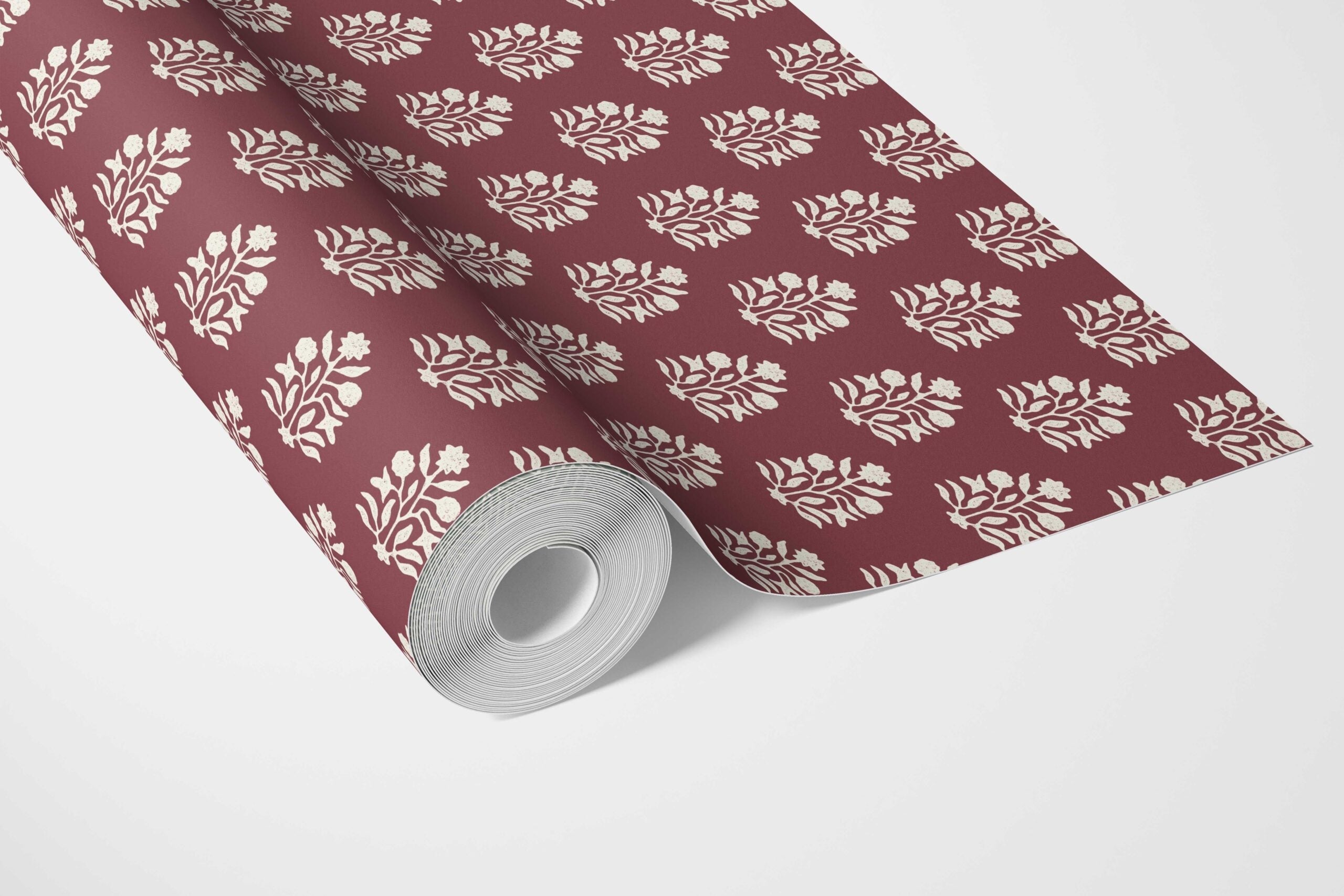 Vintage-Inspired Botanical Floral Block Print Bathroom Wallpaper (Red/ White)