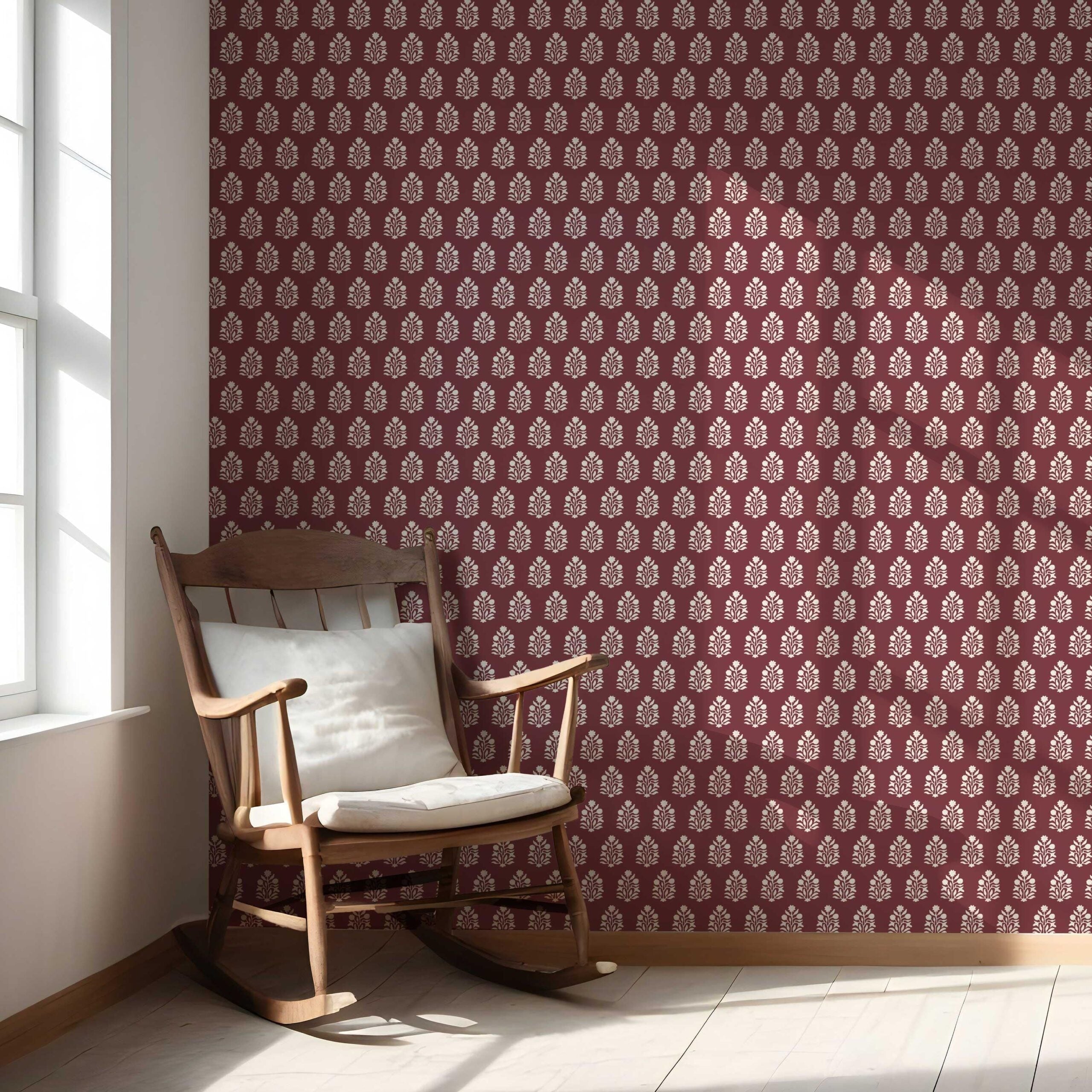 Vintage-Inspired Botanical Floral Block Print Nursery Wallpaper (Red/ White)
