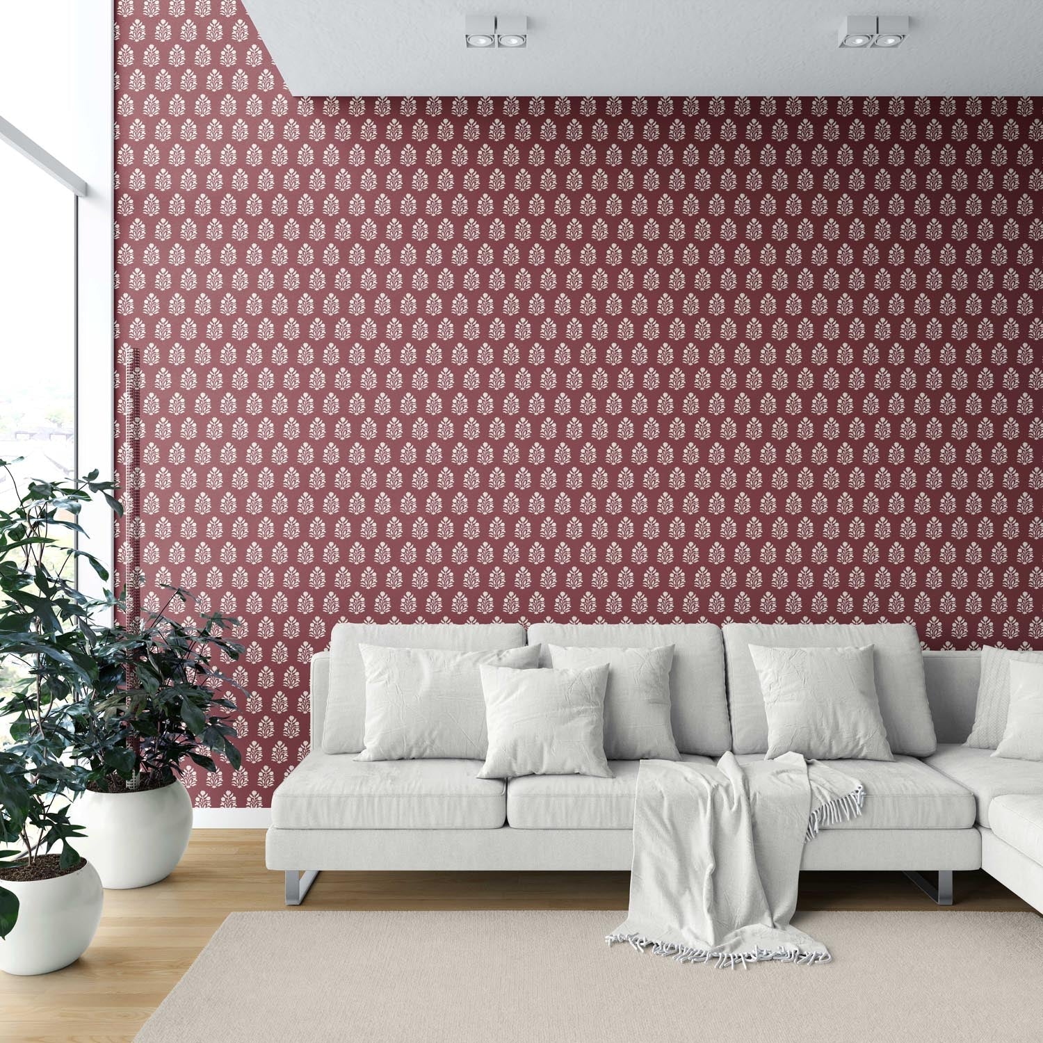 Vintage-Inspired Botanical Floral Block Print Shower Toilet Wallpaper (Red/ White)