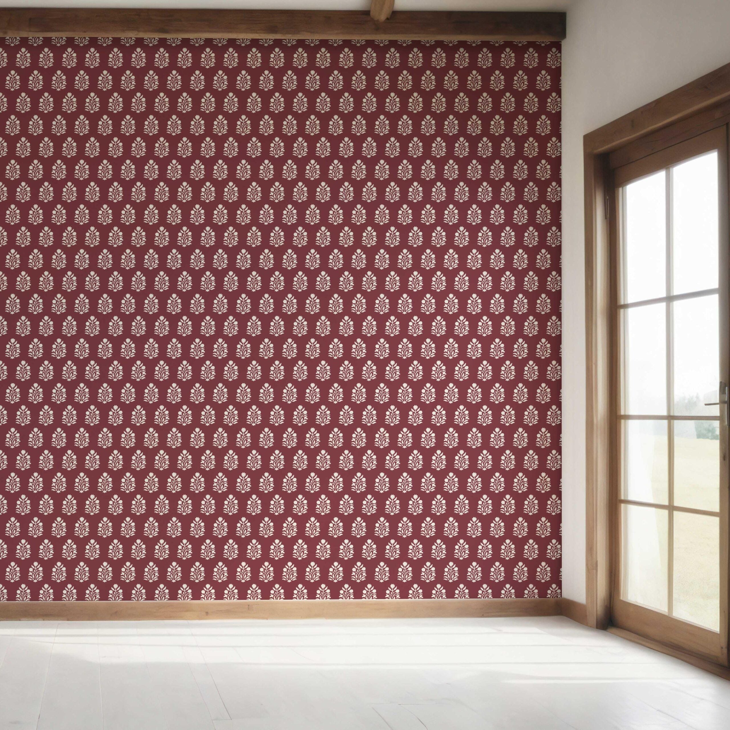 Vintage-Inspired Botanical Floral Block Print Bedroom Wallpaper (Red/ White)