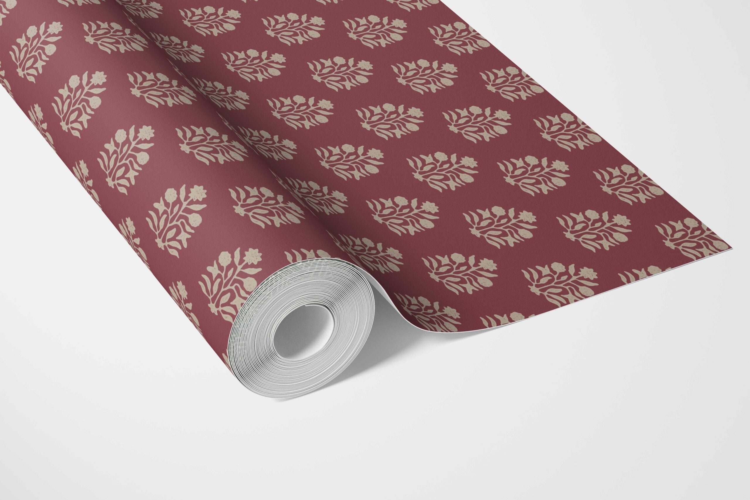 Vintage-Inspired Botanical Floral Block Print Kitchen Wallpaper Sample (Red/ Beige)