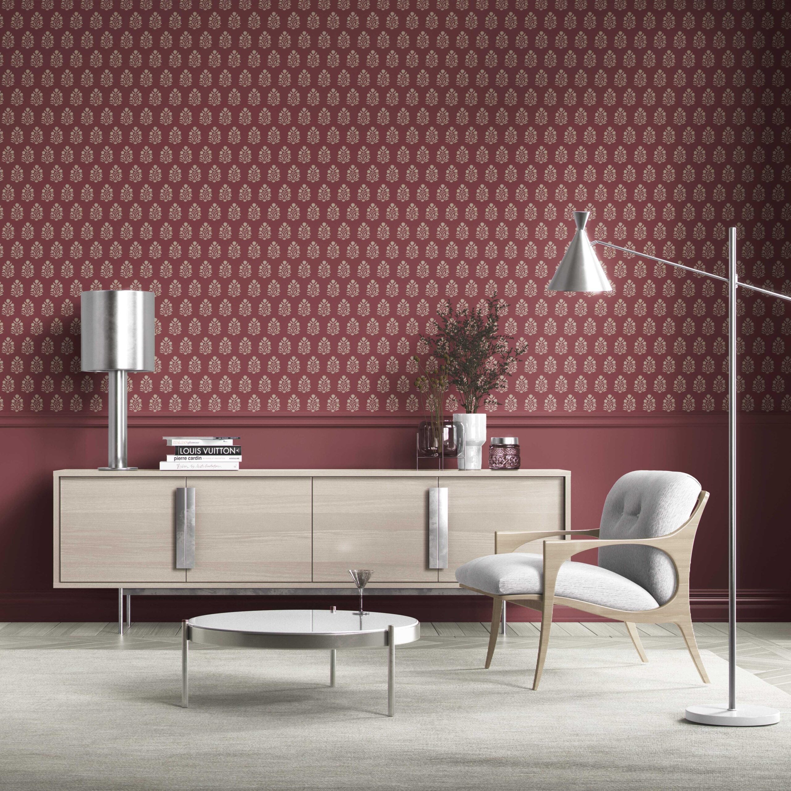 Vintage-Inspired Botanical Floral Block Print Bathroom Wallpaper Sample (Red/ Beige)