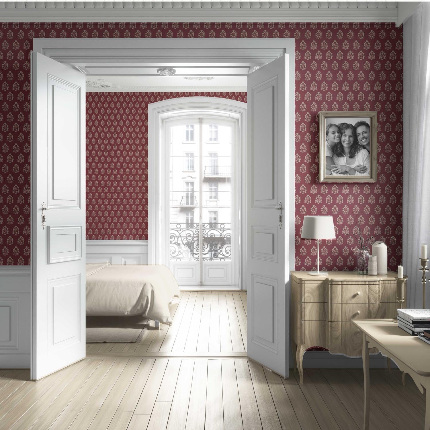 Vintage-Inspired Botanical Floral Block Print Living Room Wallpaper (Red/ Beige)