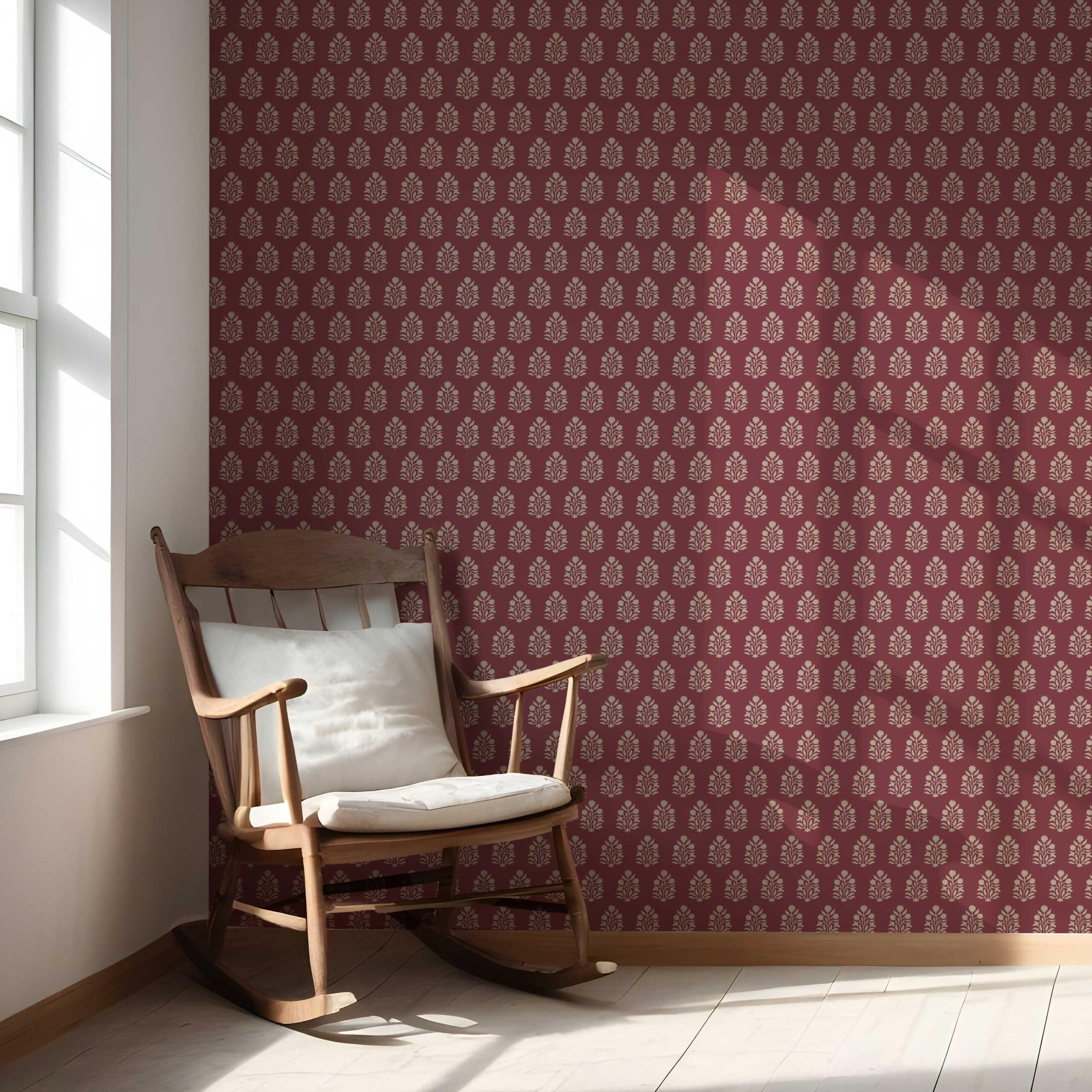 Vintage-Inspired Botanical Floral Block Print Nursery Wallpaper Sample (Red/ Beige)