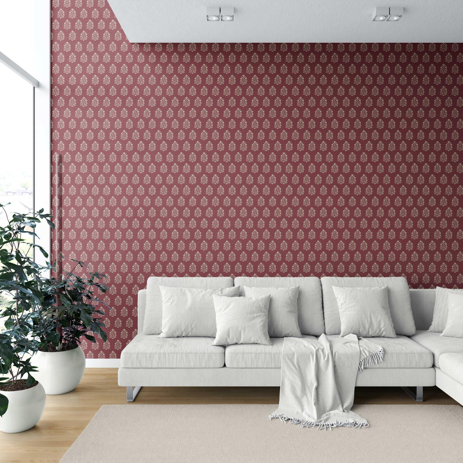 Vintage-Inspired Botanical Floral Block Print Shower Toilet Wallpaper Sample (Red/ Beige)