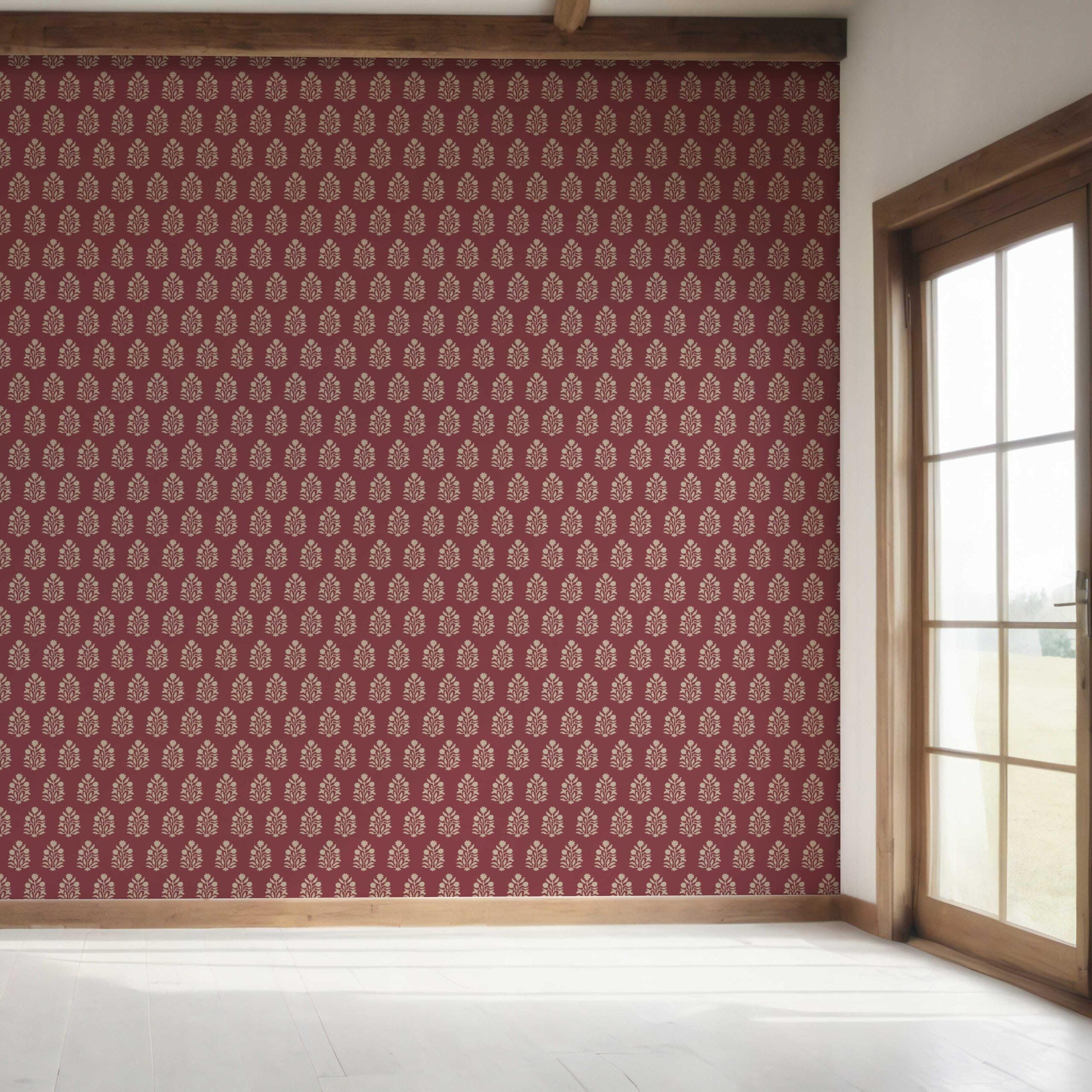 Vintage-Inspired Botanical Floral Block Print Bedroom Wallpaper Sample (Red/ Beige)