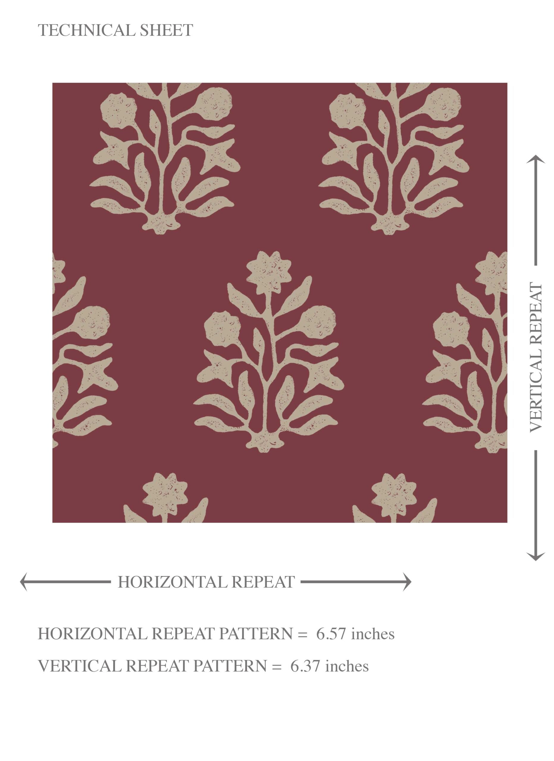 Vintage-Inspired Botanical Floral Block Print Kids Room Wallpaper (Red/ Beige)