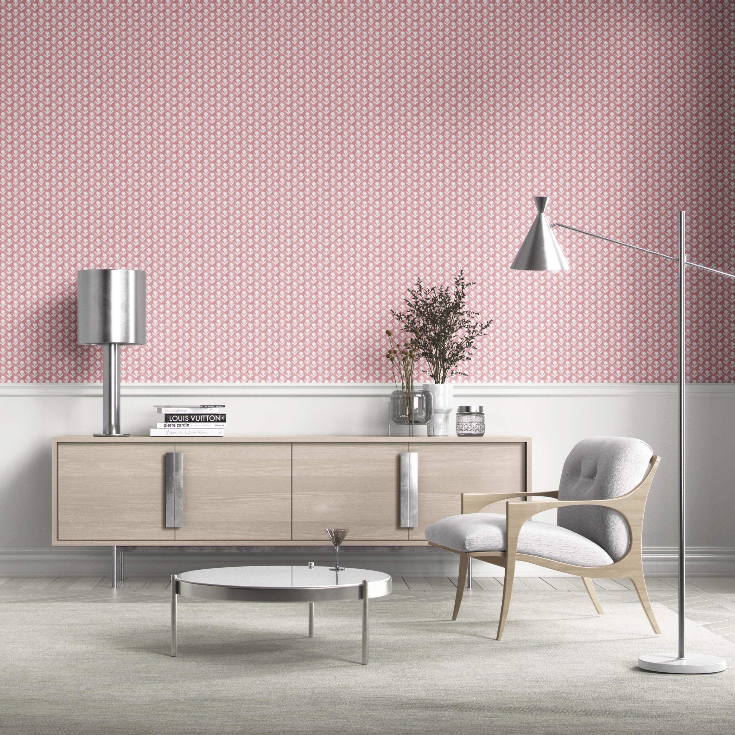 Small Floral Block Print Bathroom Wallpaper Sample (Pink/ White)