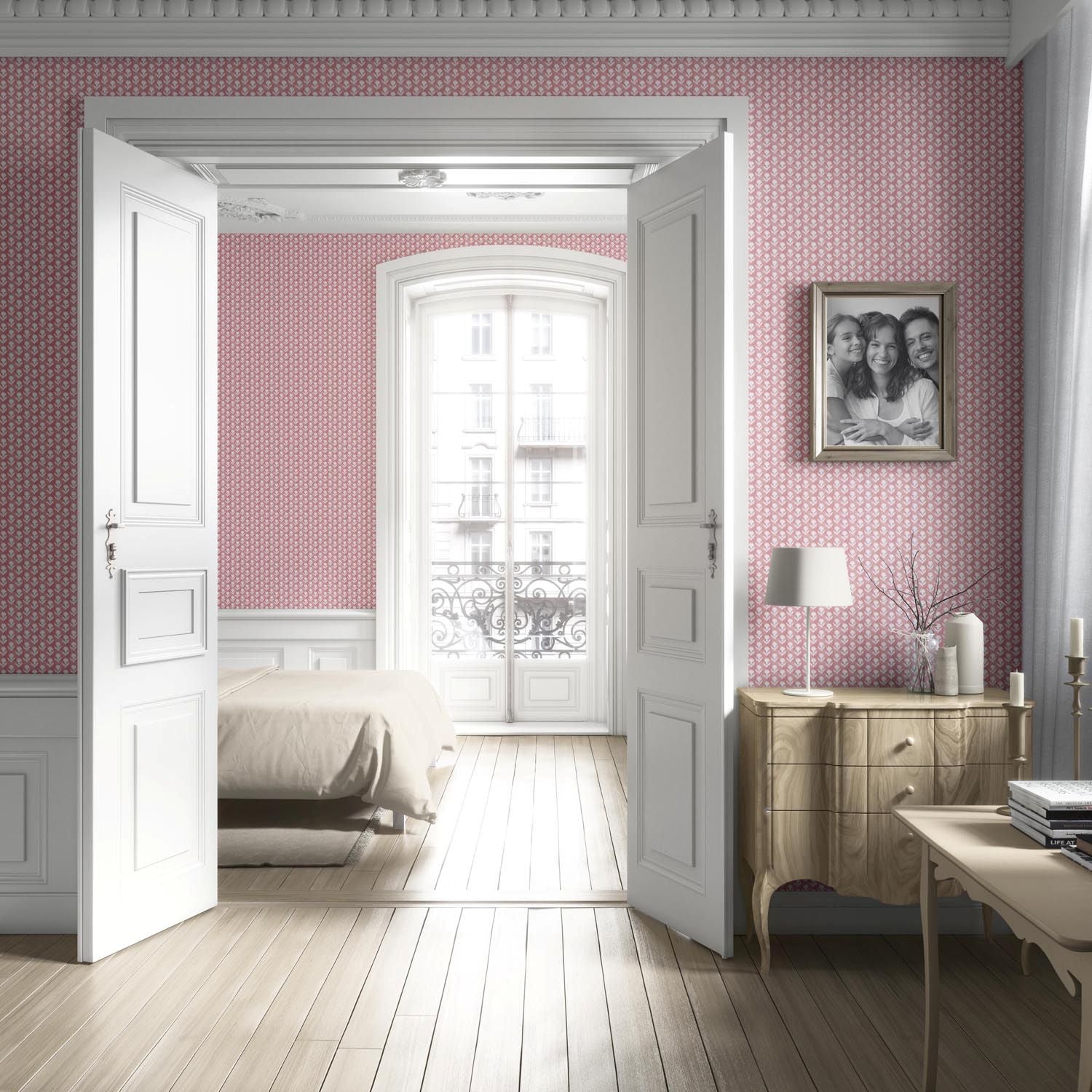Small Floral Block Print Living Room Wallpaper Sample (Pink/ White)