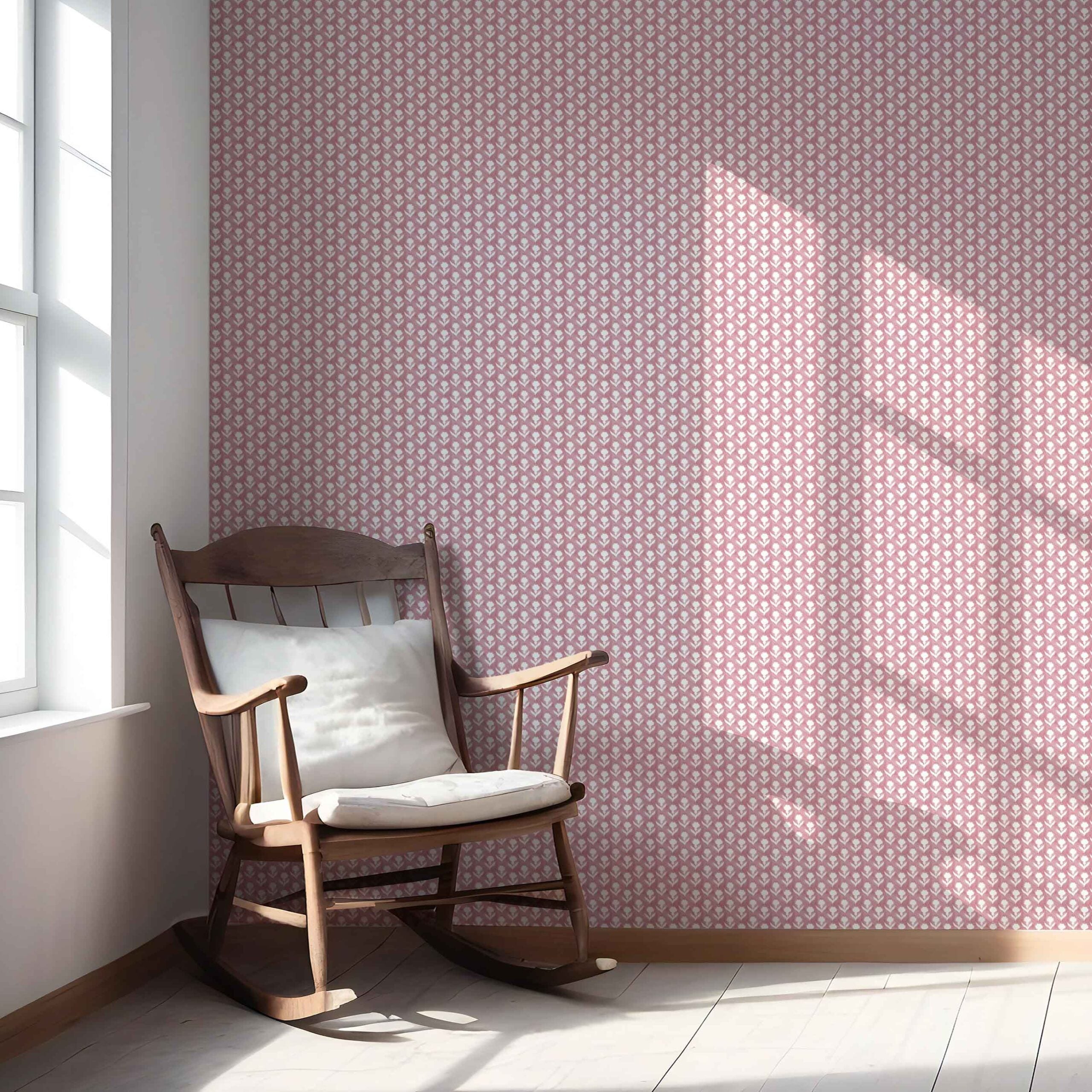 Small Floral Block Print Nursery Wallpaper (Pink/ White)