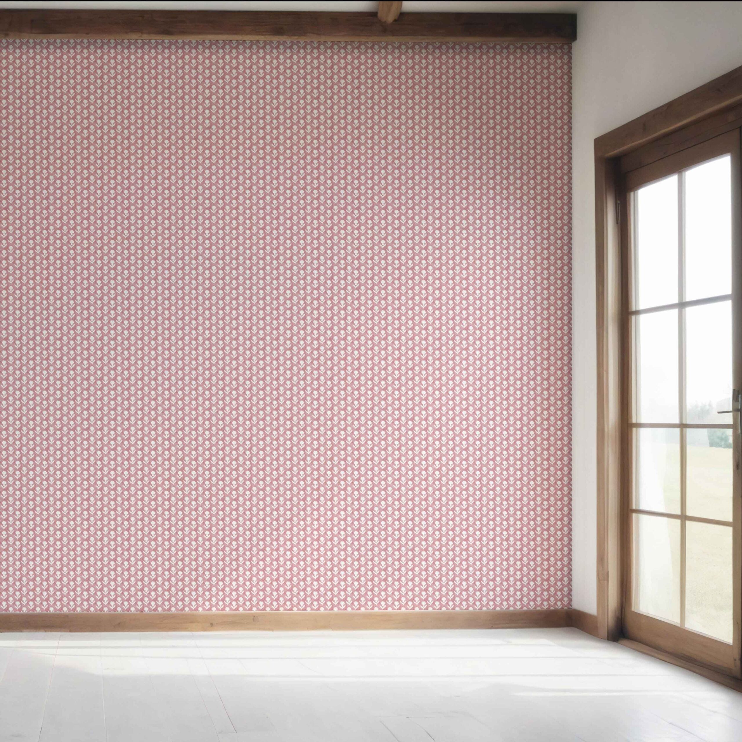 Small Floral Block Print Bedroom Wallpaper Sample (Pink/ White)