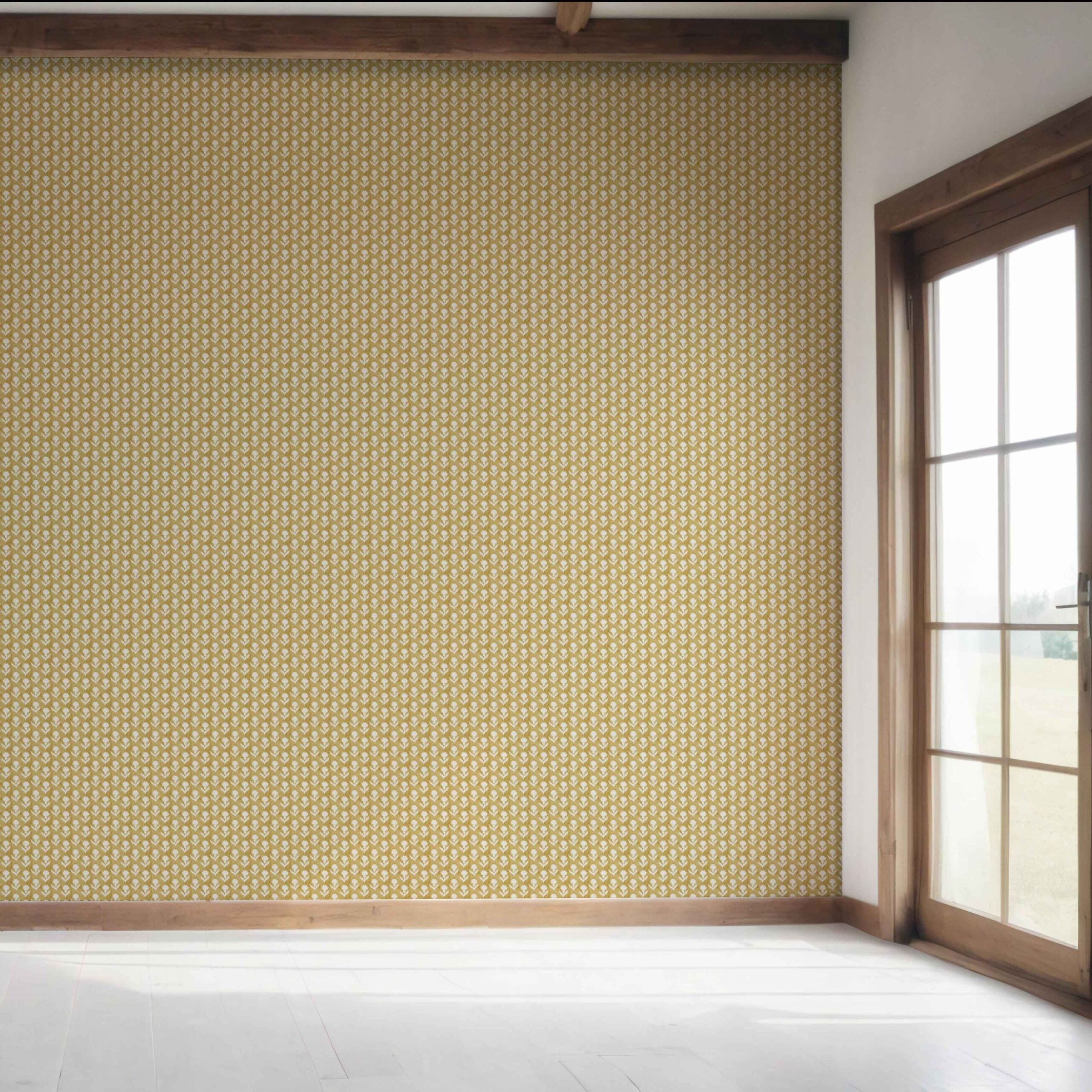 Small Floral Block Print Bedroom Wallpaper Sample (Yellow/ White)