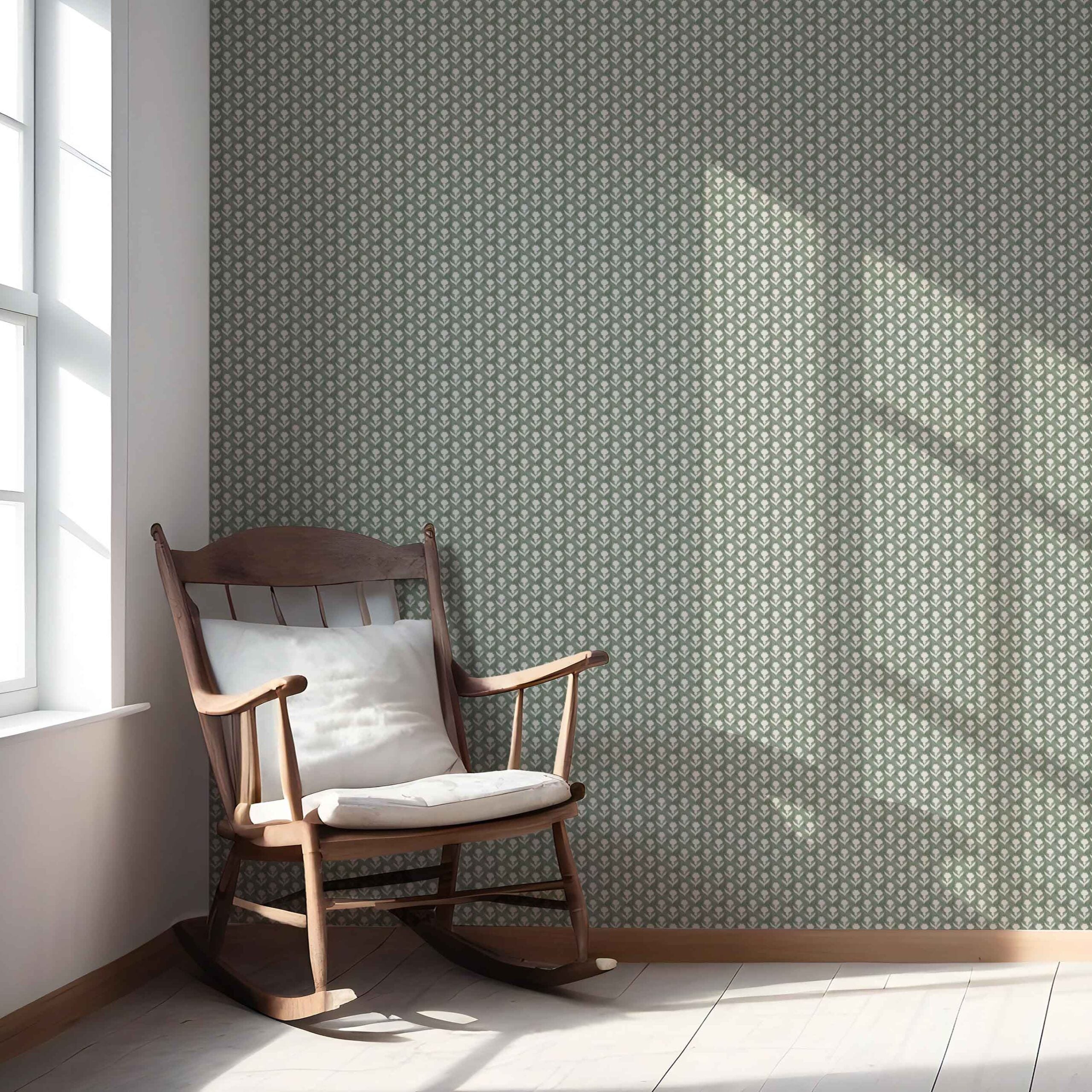 Small Floral Block Print Nursery Wallpaper Sample (Green/ White)
