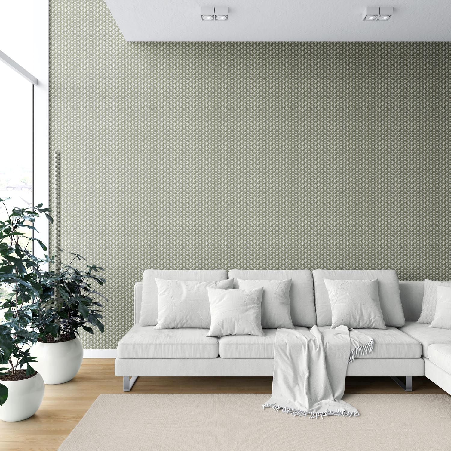 Small Floral Block Print Shower Toilet Wallpaper Sample (Green/ White)