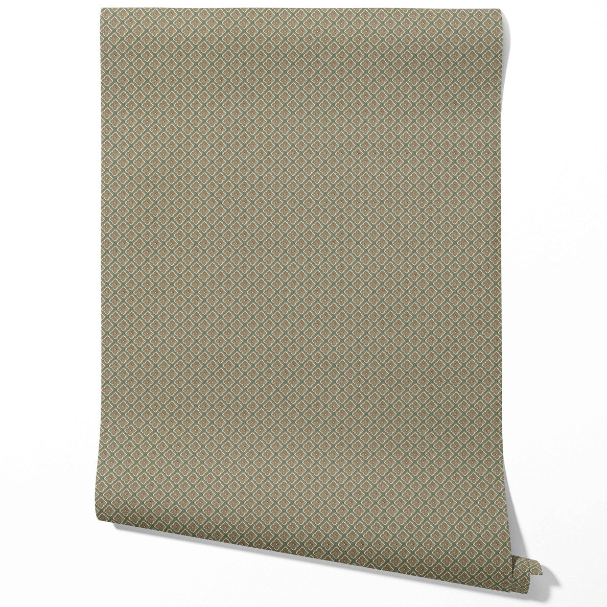 Small Floral Geometric Lattice Traditional Wallpaper Sample (Olive Green/ Brown)
