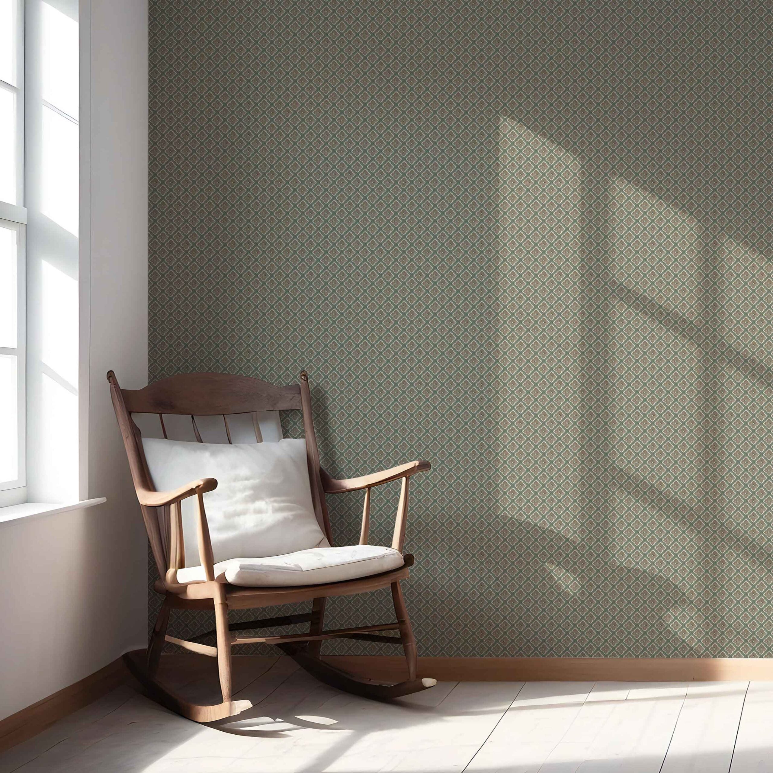 Small Floral Geometric Lattice Nursery Wallpaper Sample (Olive Green/ Brown)