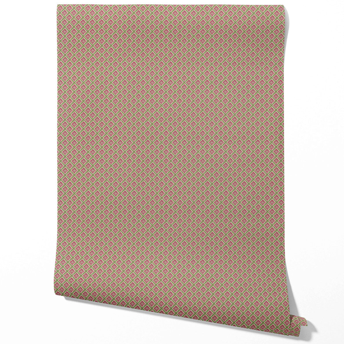Small Floral Geometric Lattice Traditional Wallpaper Sample (Pink/ Green)