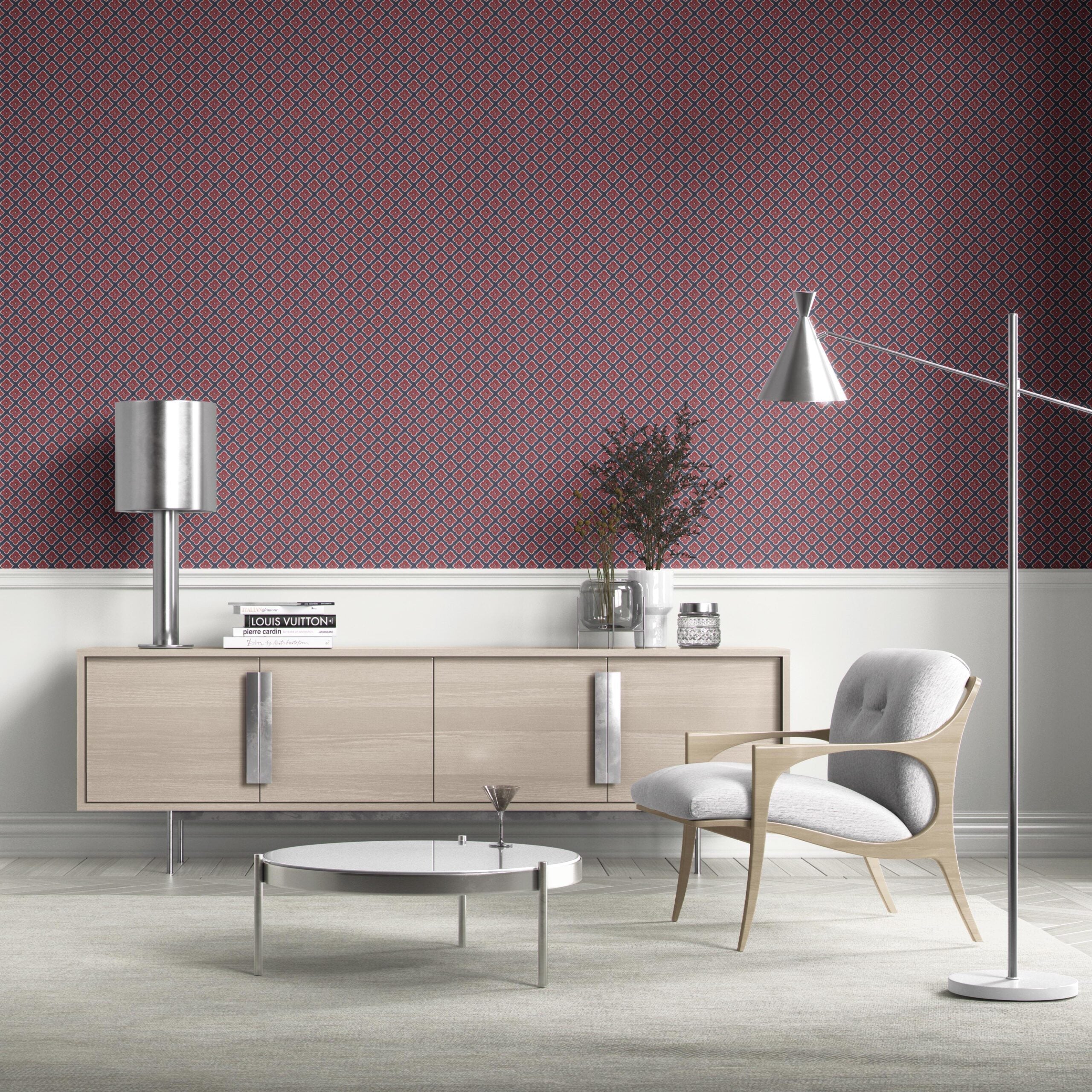 Small Floral Geometric Lattice Bathroom Wallpaper Sample (Navy Blue/ Red)