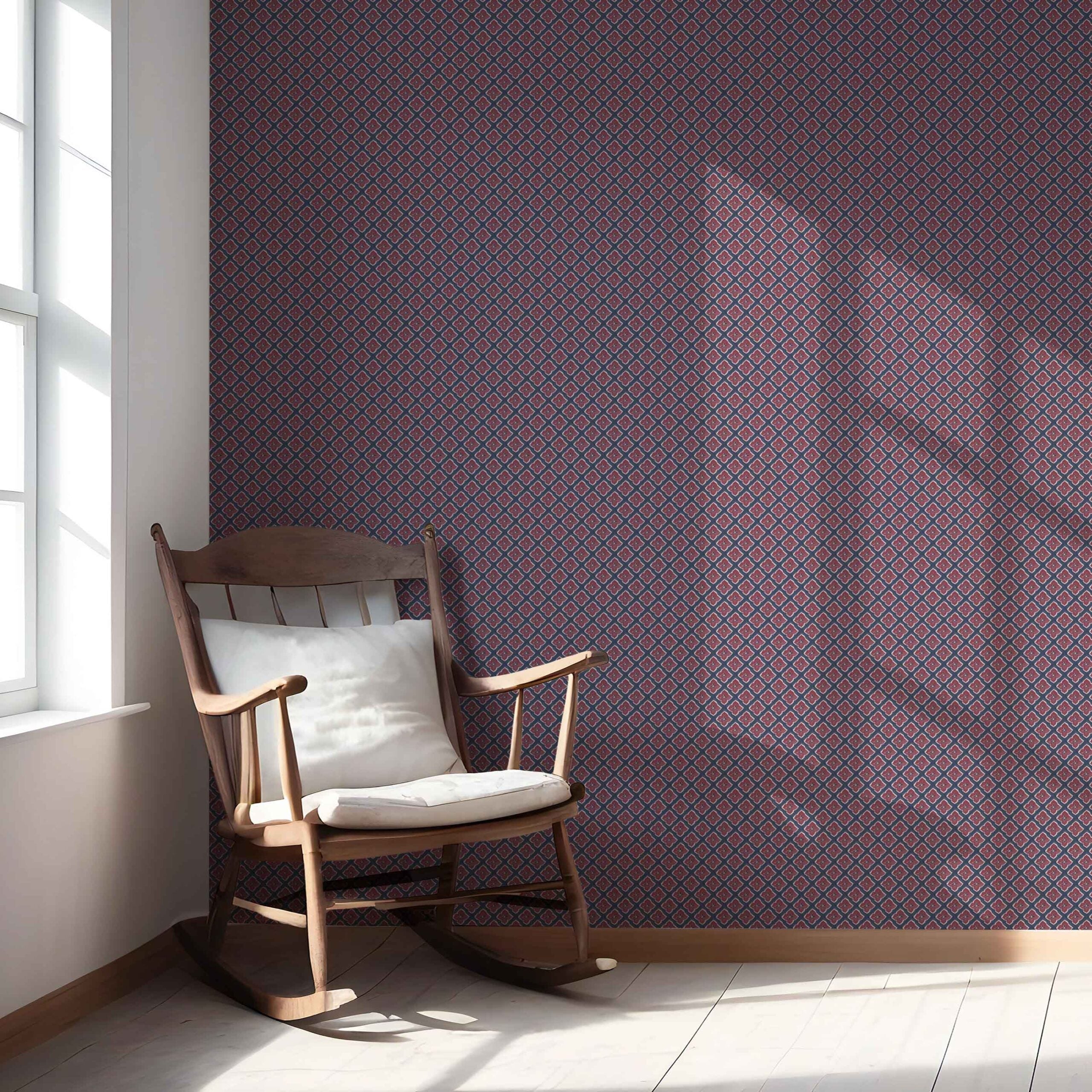 Small Floral Geometric Lattice Nursery Wallpaper Sample (Navy Blue/ Red)