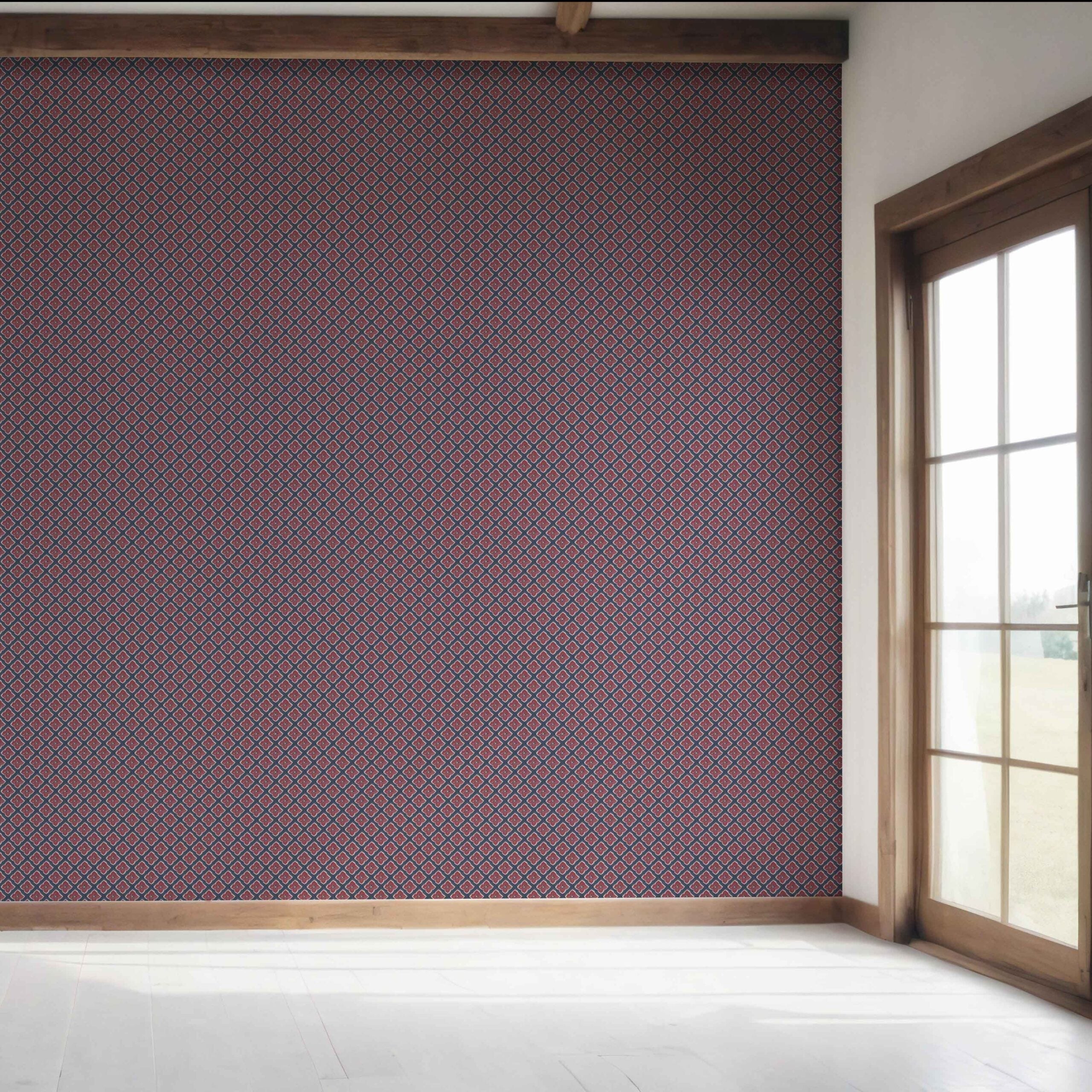 Small Floral Geometric Lattice Bedroom Wallpaper Sample (Navy Blue/ Red)