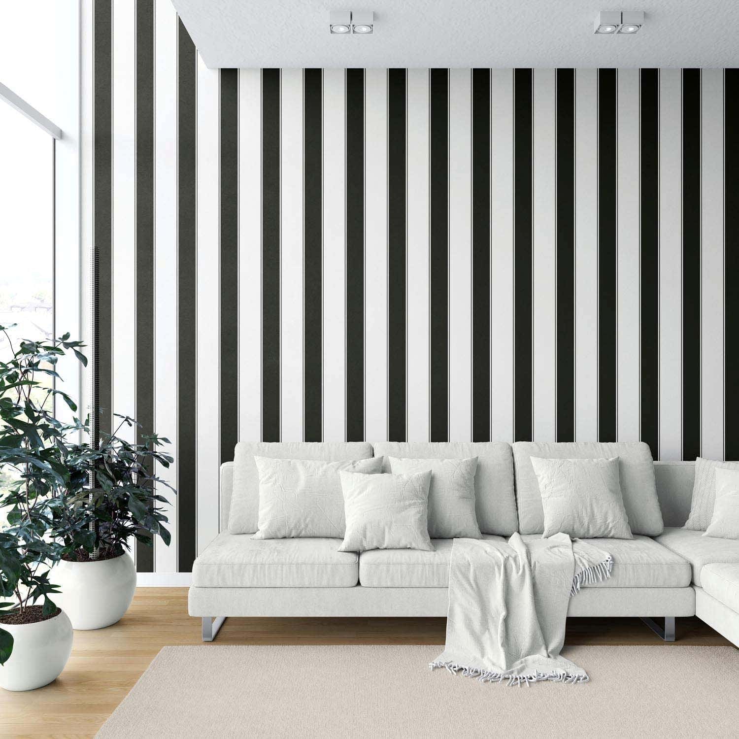 Neutral-Toned Scandi-Inspired Striped Kitchen Wallpaper (Black & White)