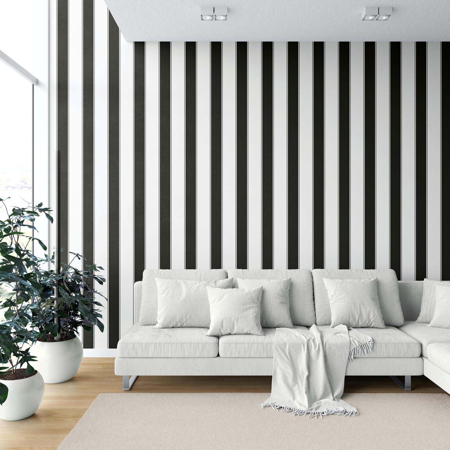 Neutral-Toned Scandi-Inspired Striped Kitchen Wallpaper (Black & White)