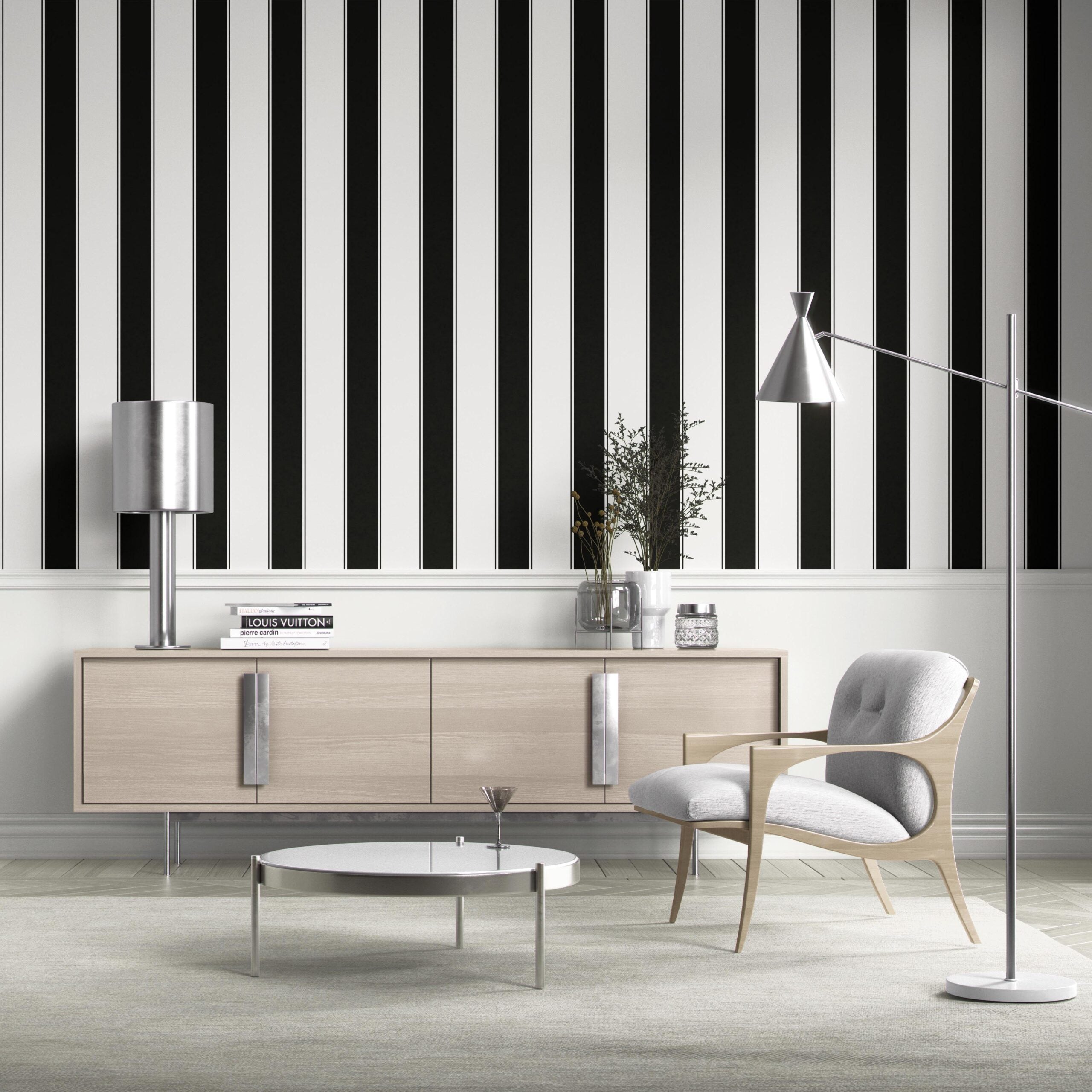 Neutral-Toned Scandi-Inspired Striped Shower Toilet Wallpaper (Black & White)