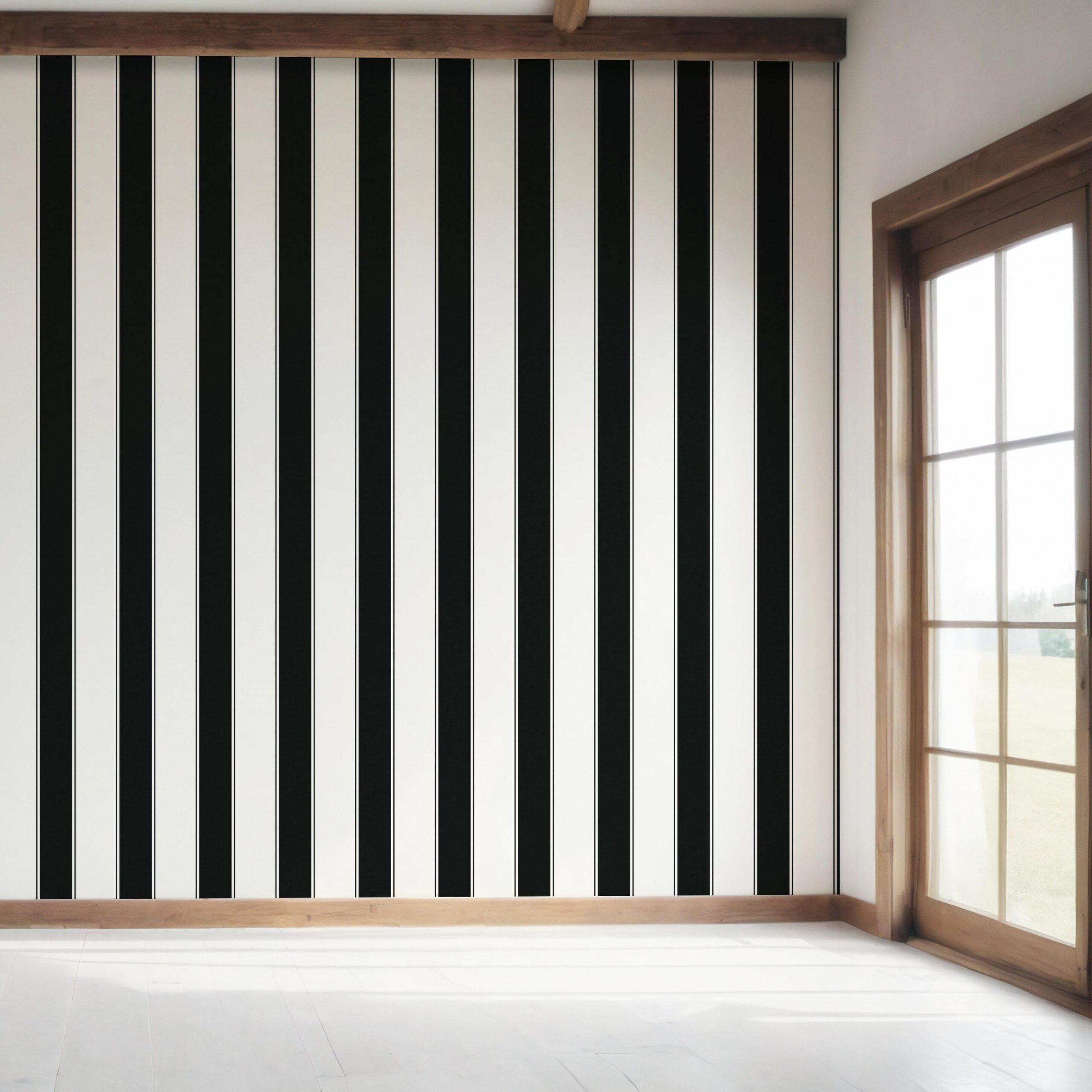 Neutral-Toned Scandi-Inspired Striped Bedroom Wallpaper (Black & White)