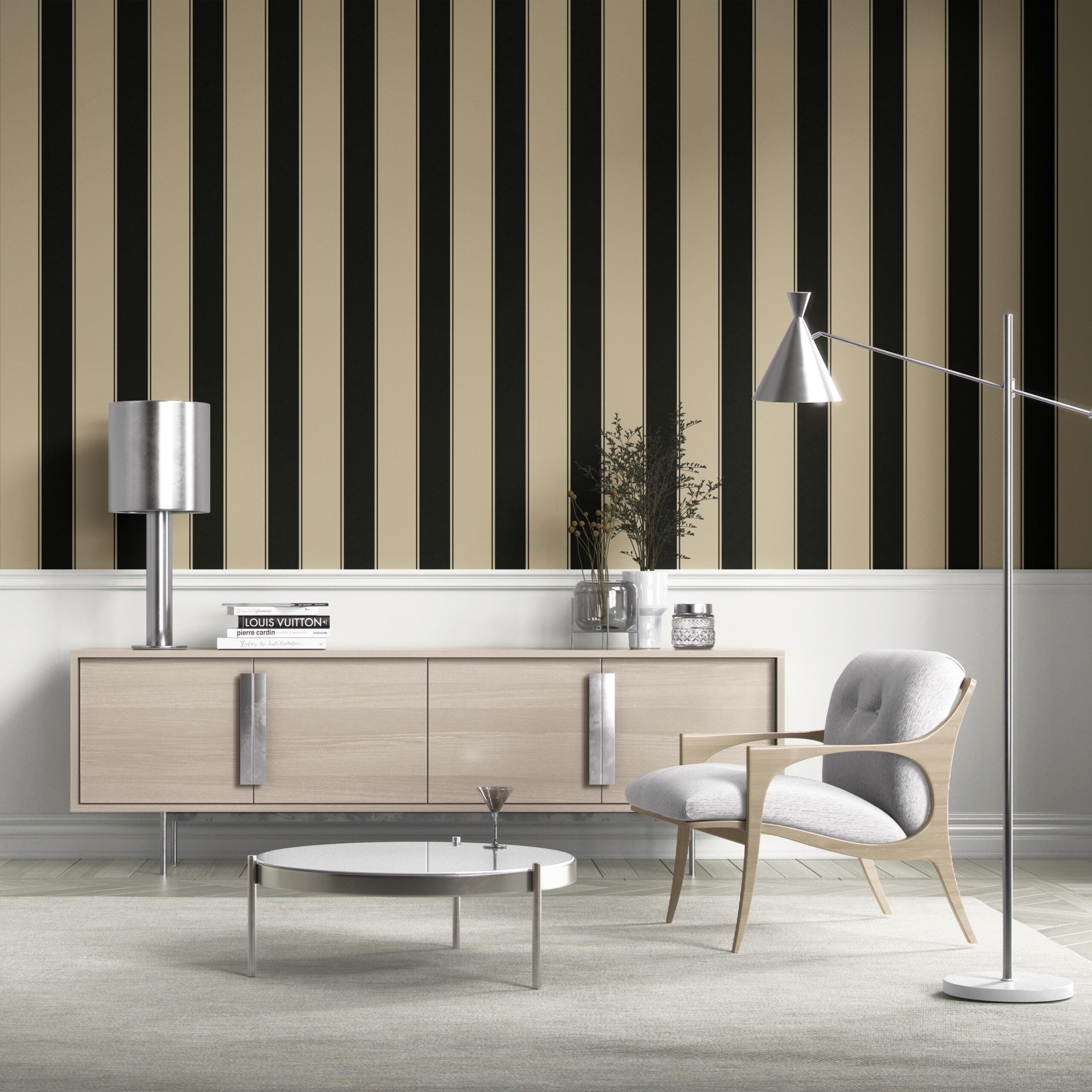 Neutral-Toned Scandi-Inspired Striped Kitchen Wallpaper Sample (Black/ Brown/ Beige)