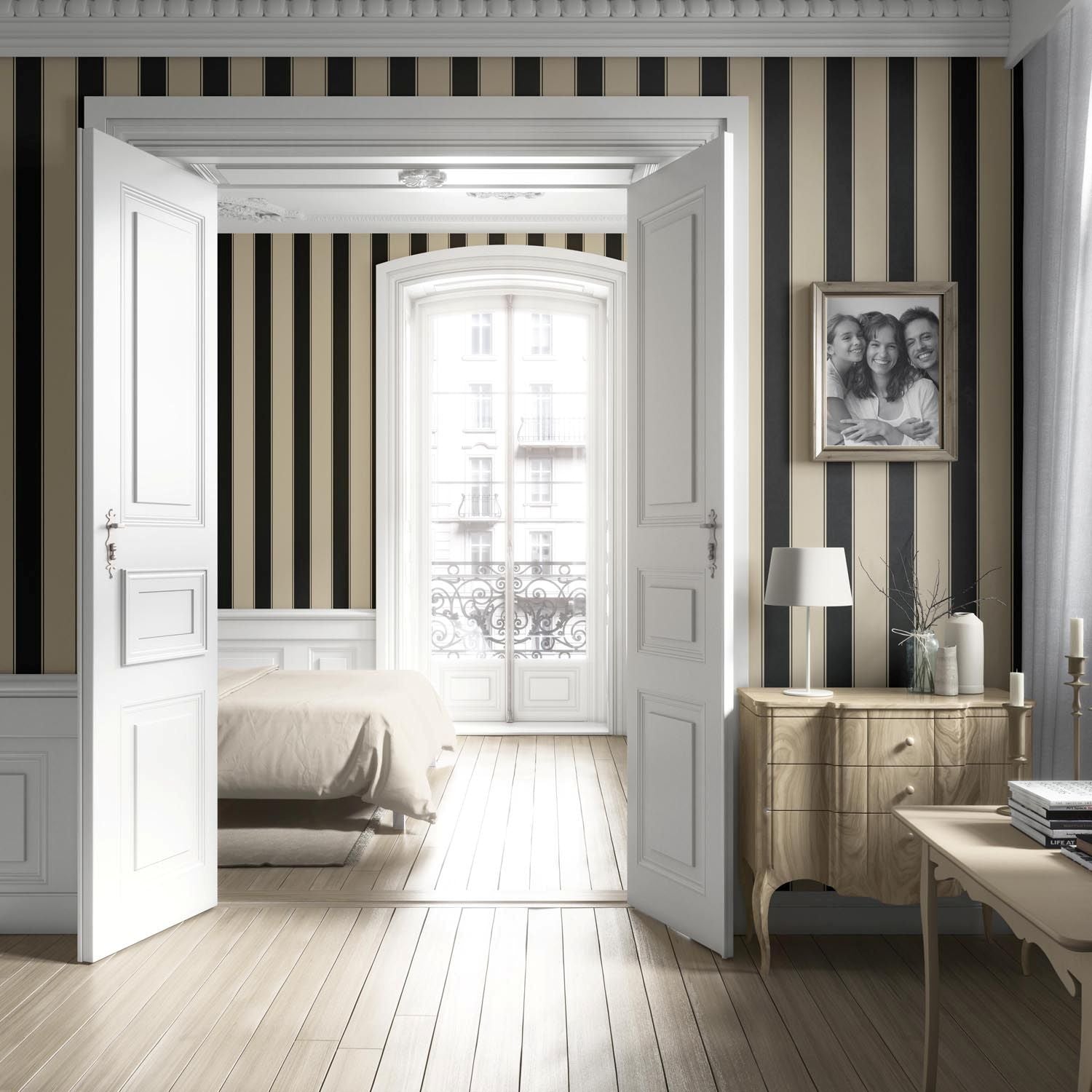 Neutral-Toned Scandi-Inspired Striped Living Room Wallpaper Sample (Black/ Brown/ Beige)