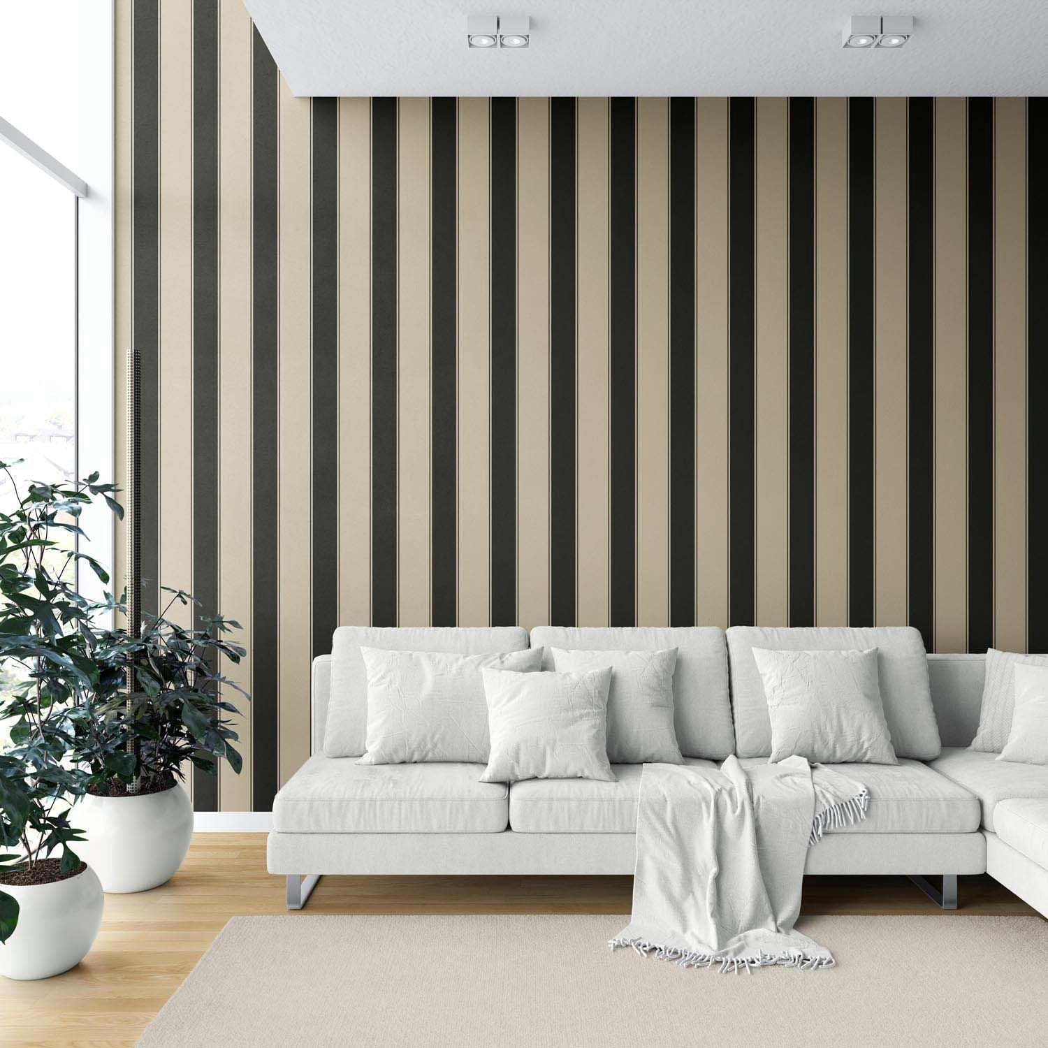 Neutral-Toned Scandi-Inspired Striped Shower Toilet Wallpaper Sample (Black/ Brown/ Beige)