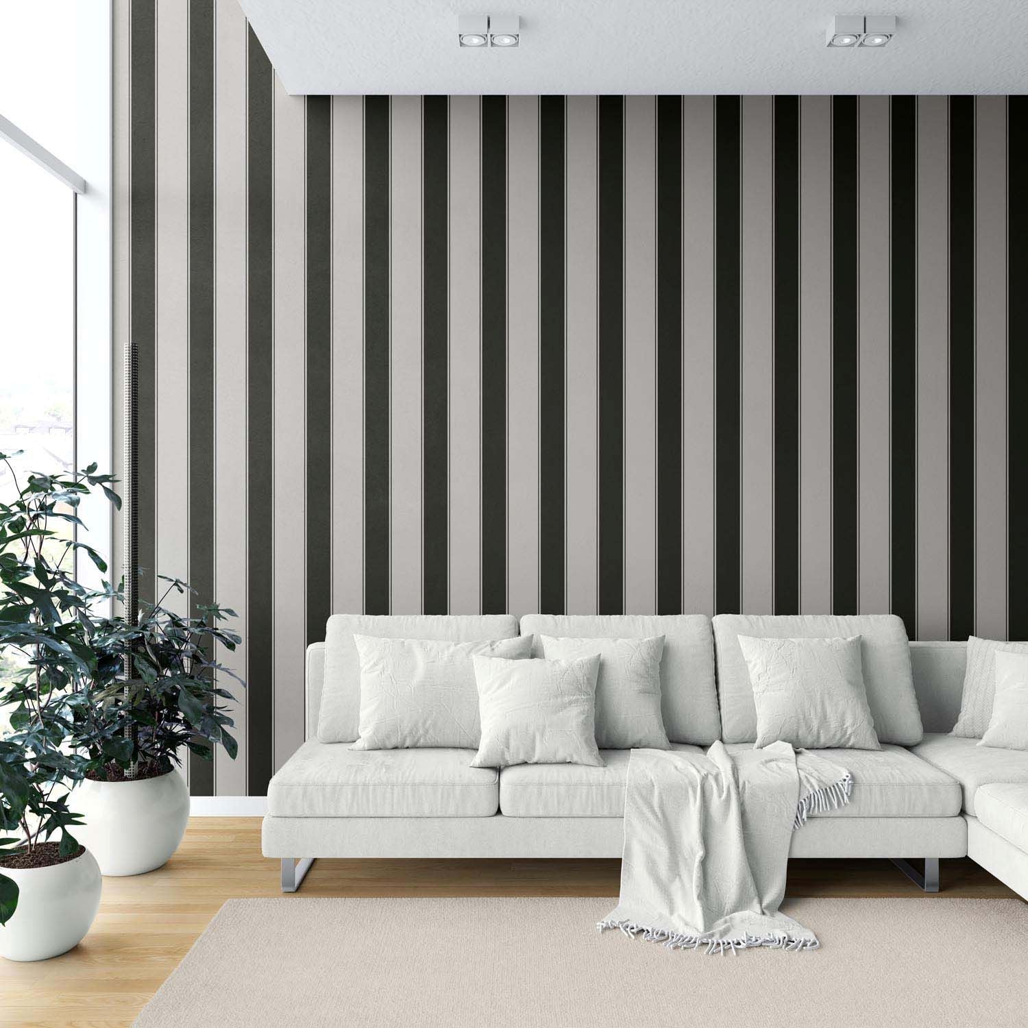 Neutral-Toned Scandi-Inspired Striped Kitchen Wallpaper Sample (Gray/ Black)