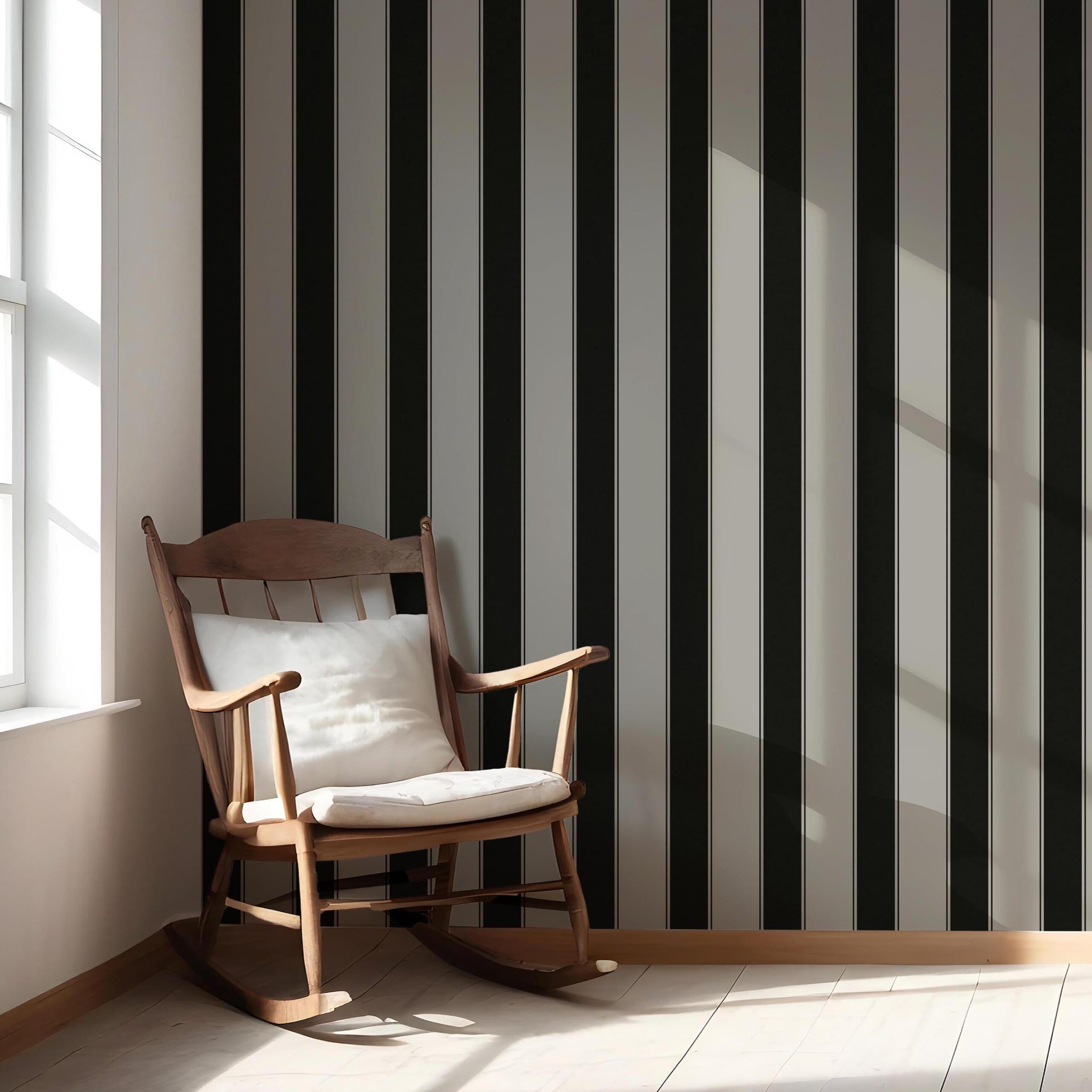 Neutral-Toned Scandi-Inspired Striped Nursery Wallpaper Sample (Gray/ Black)