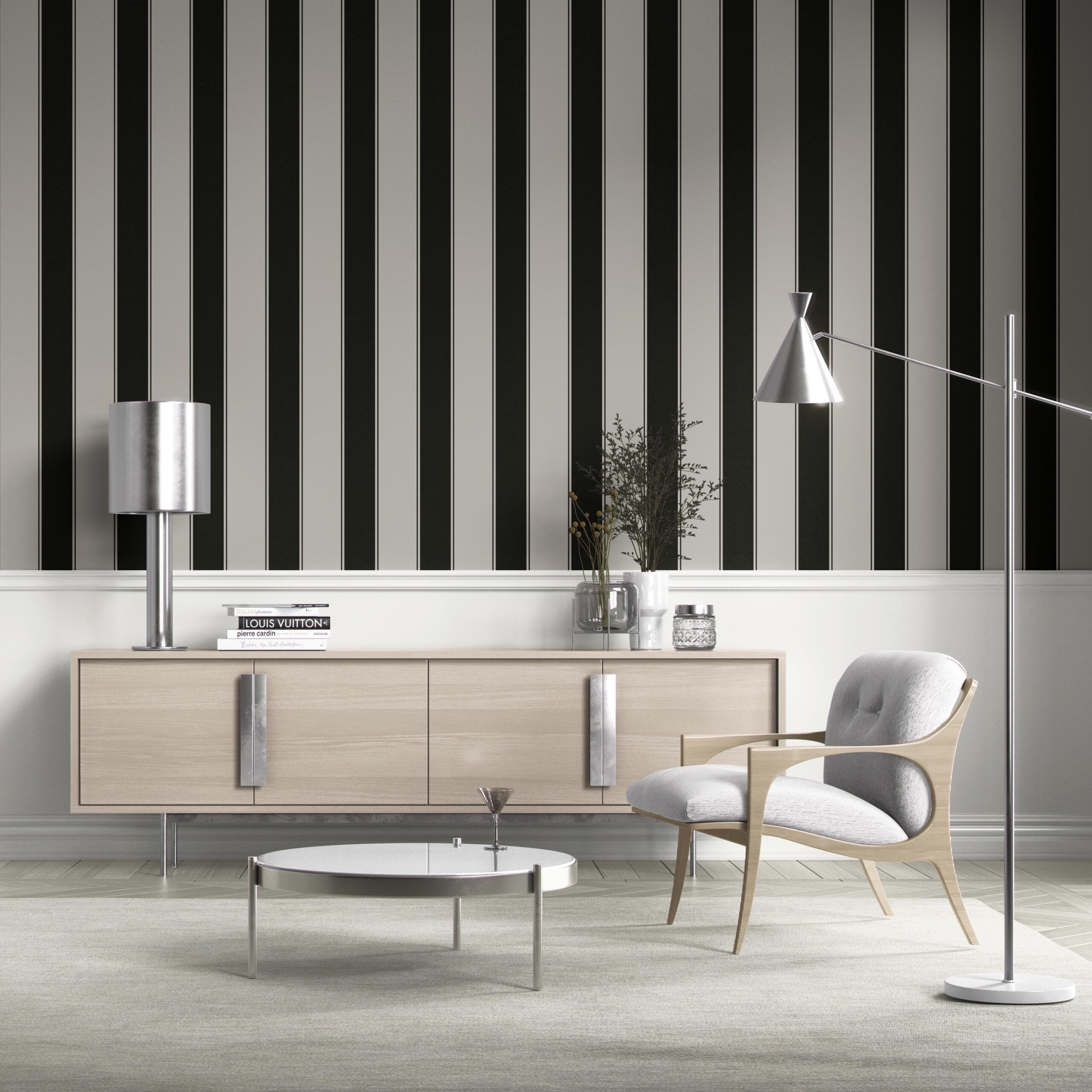Neutral-Toned Scandi-Inspired Striped Shower Toilet Wallpaper Sample (Gray/ Black)