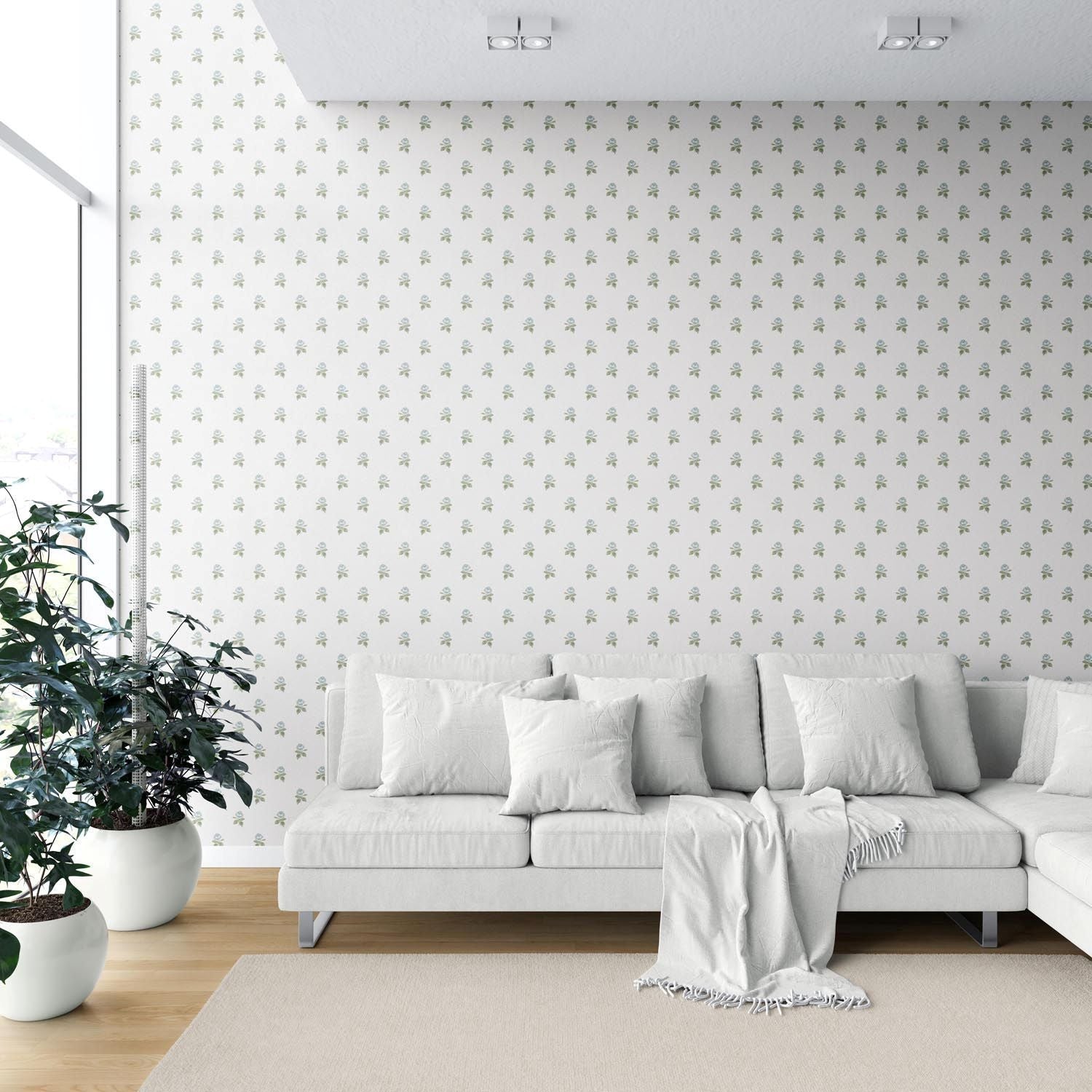 Vintage-Inspired Floral Block Print Shower Toilet Wallpaper Sample (Blue/ Green/ White)
