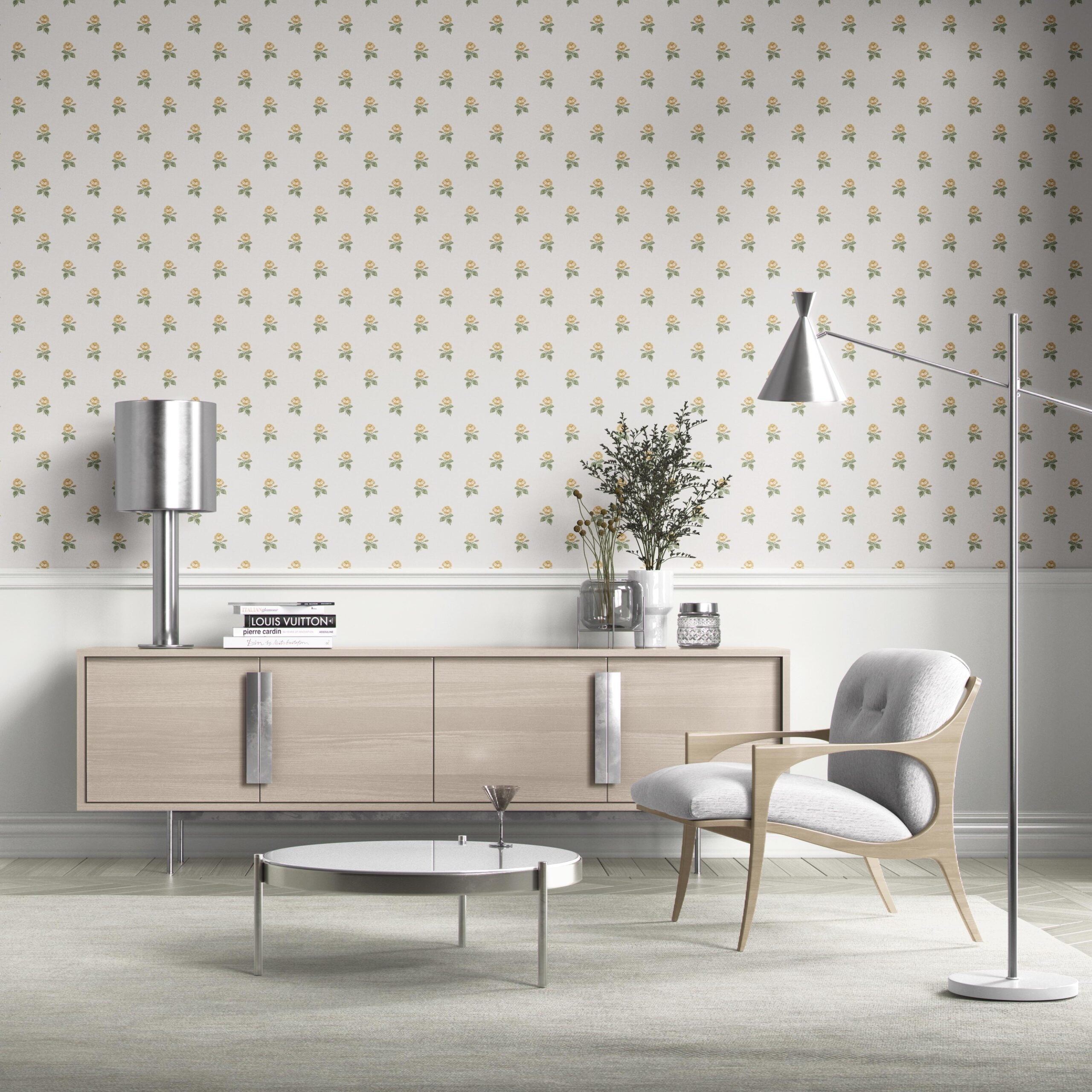 Vintage-Inspired Floral Block Print Bathroom Wallpaper Sample (Yellow/ Green/ White)