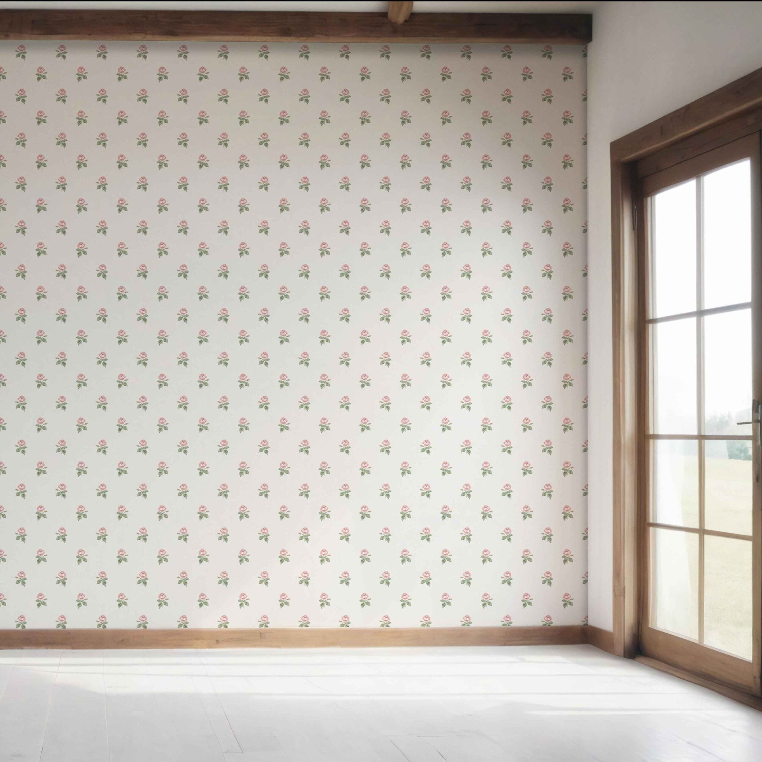 Vintage-Inspired Floral Block Print Bedroom Wallpaper Sample (Pink/ Green/ White)