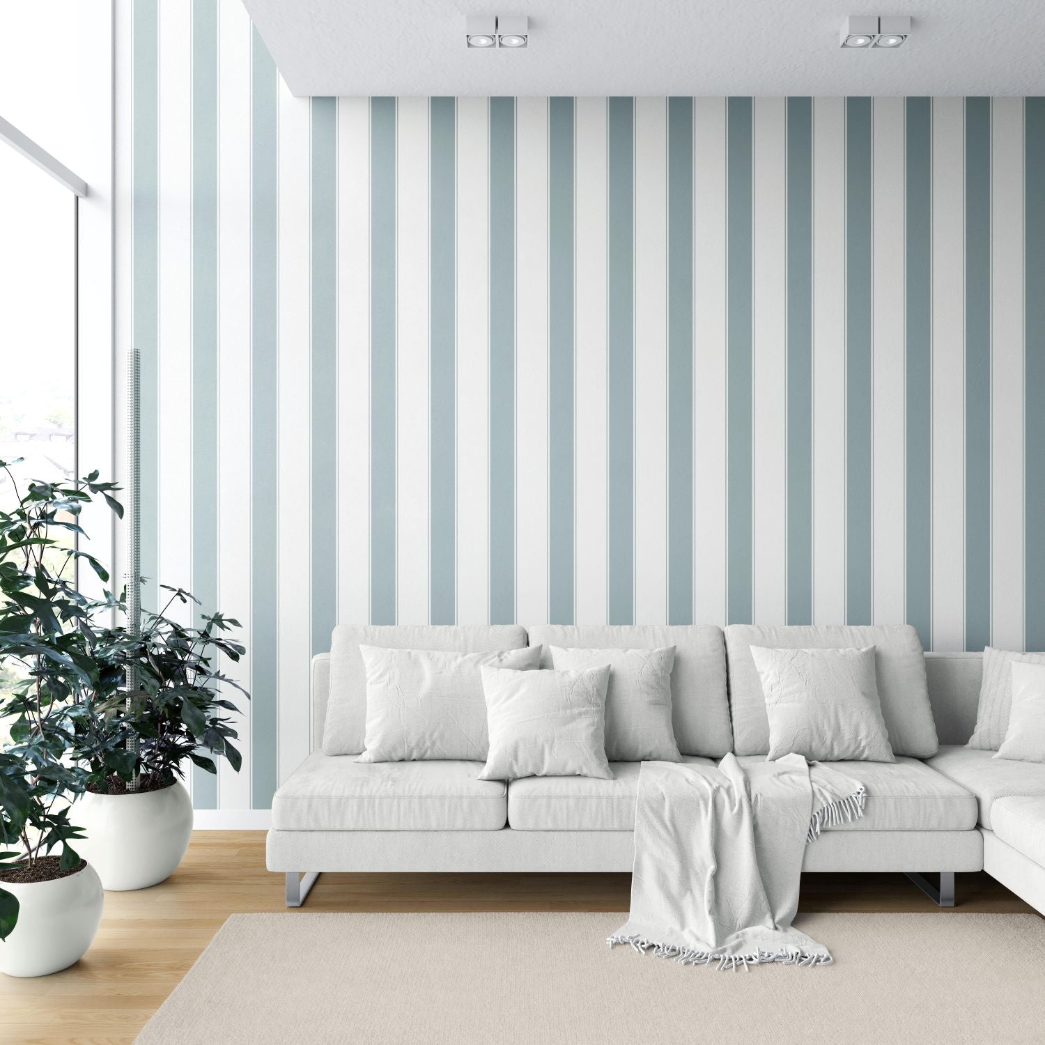 Geometric Striped Bathroom Wallpaper (Duck Egg Blue/ White)