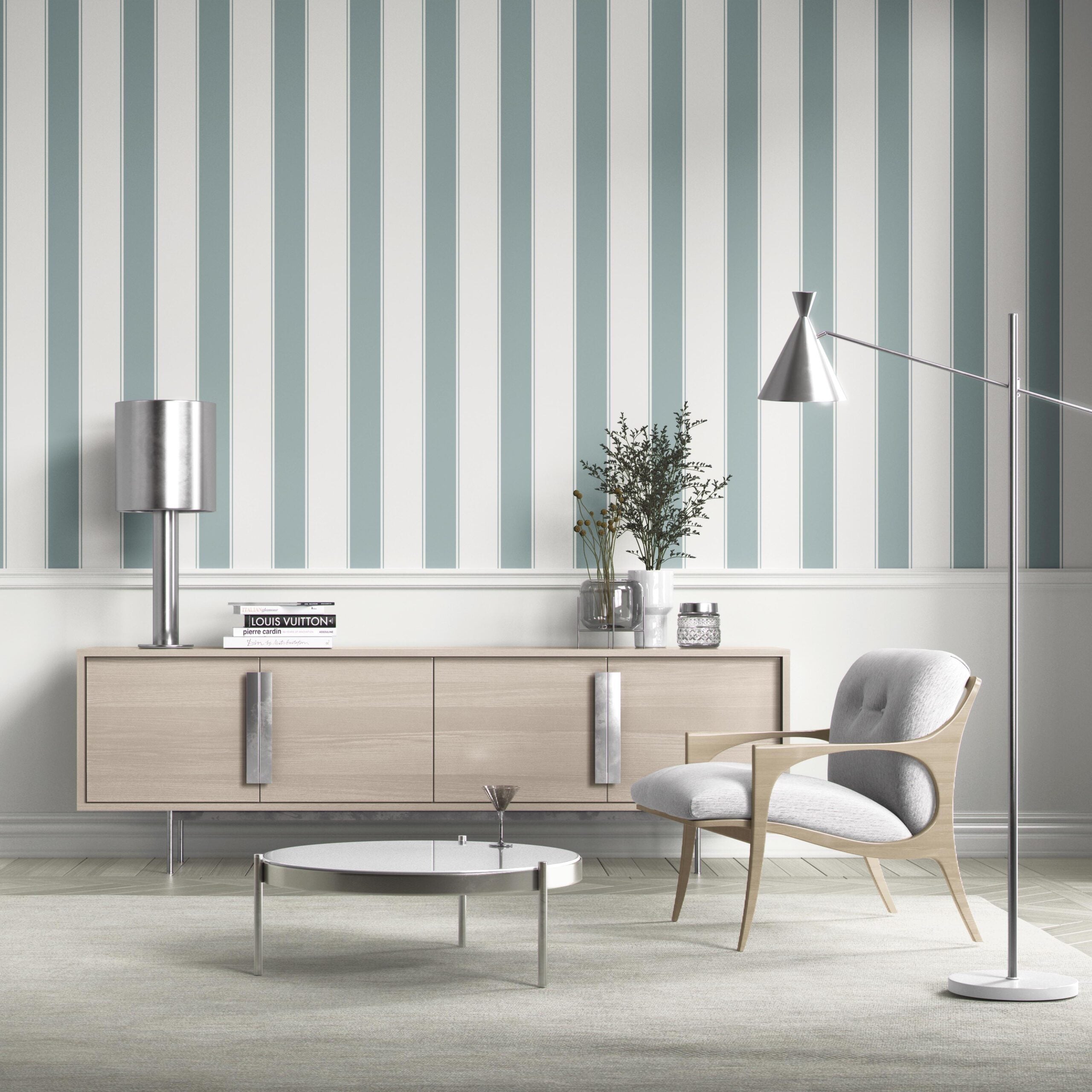Geometric Striped Living Room Wallpaper (Duck Egg Blue/ White)