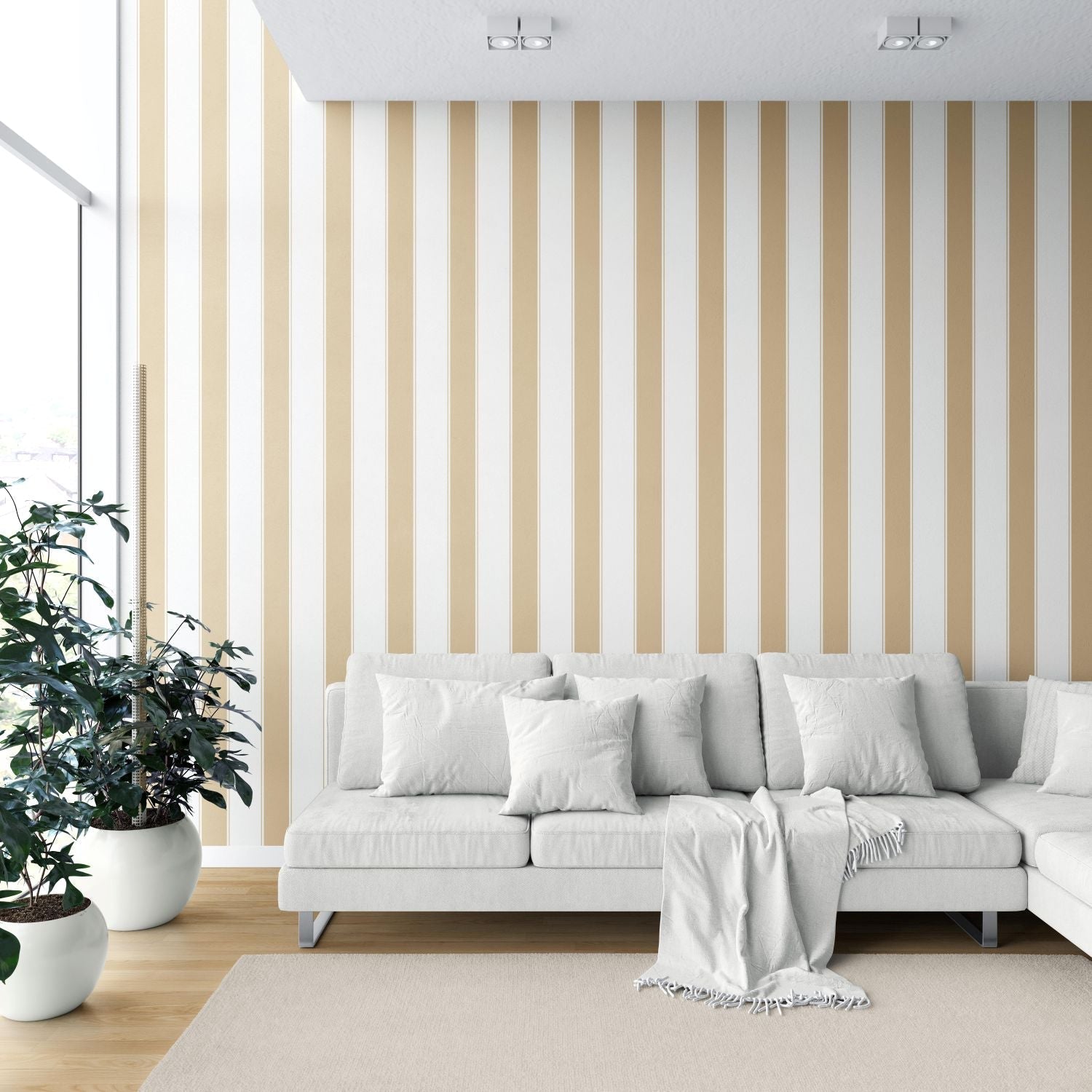 Geometric Striped Bathroom Wallpaper Sample (Sand Beige/ Tan/ White)