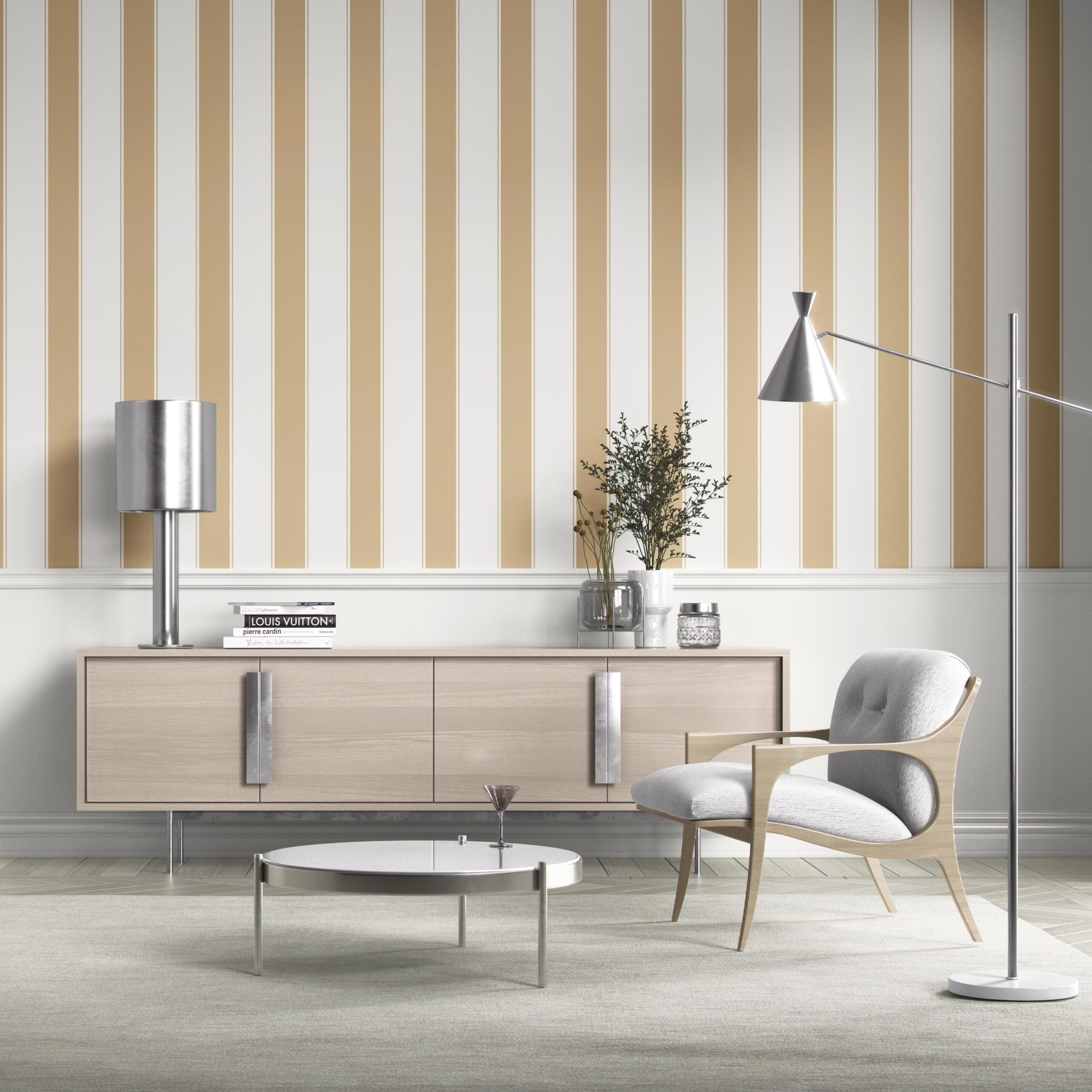 Geometric Striped Living Room Wallpaper Sample (Sand Beige/ Tan/ White)