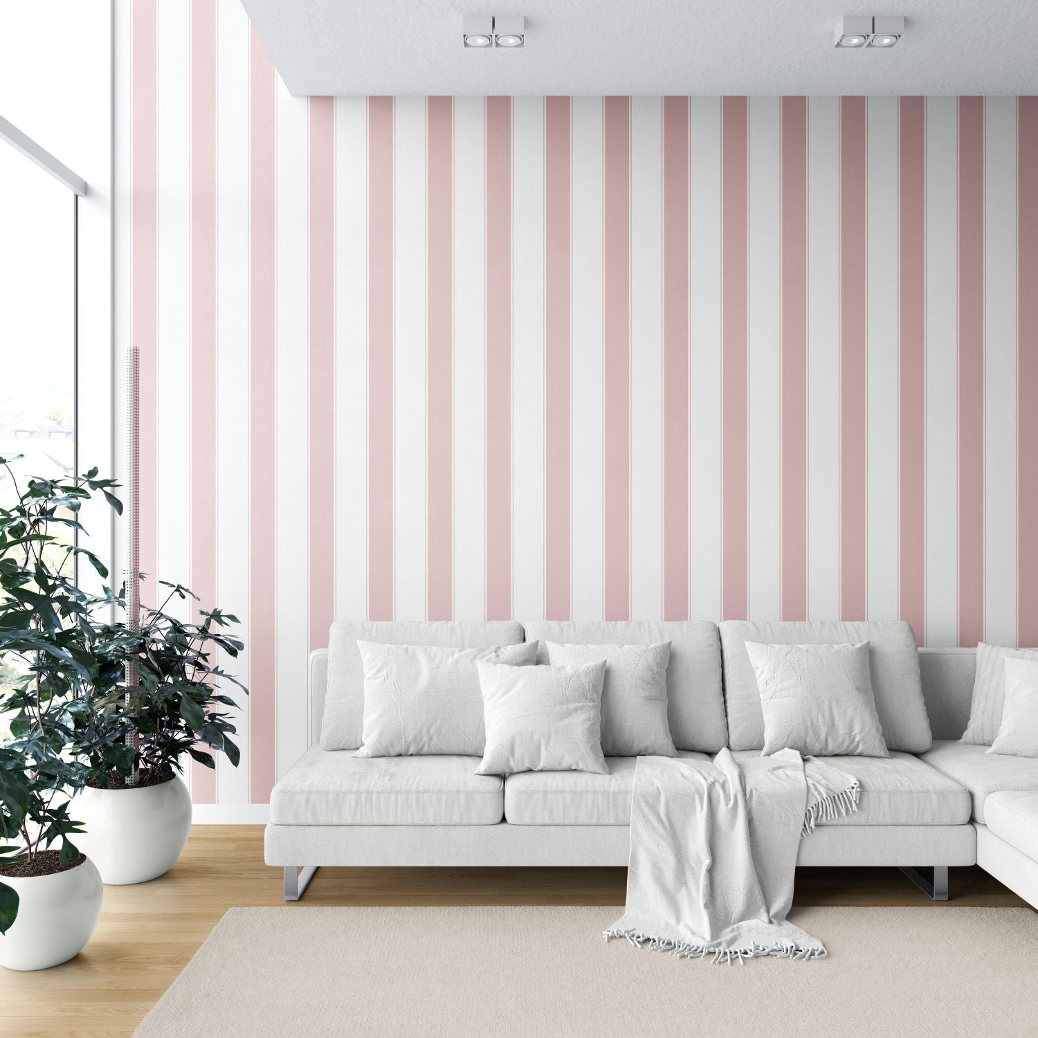 Geometric Striped Bathroom Wallpaper Sample (Pink/ White)