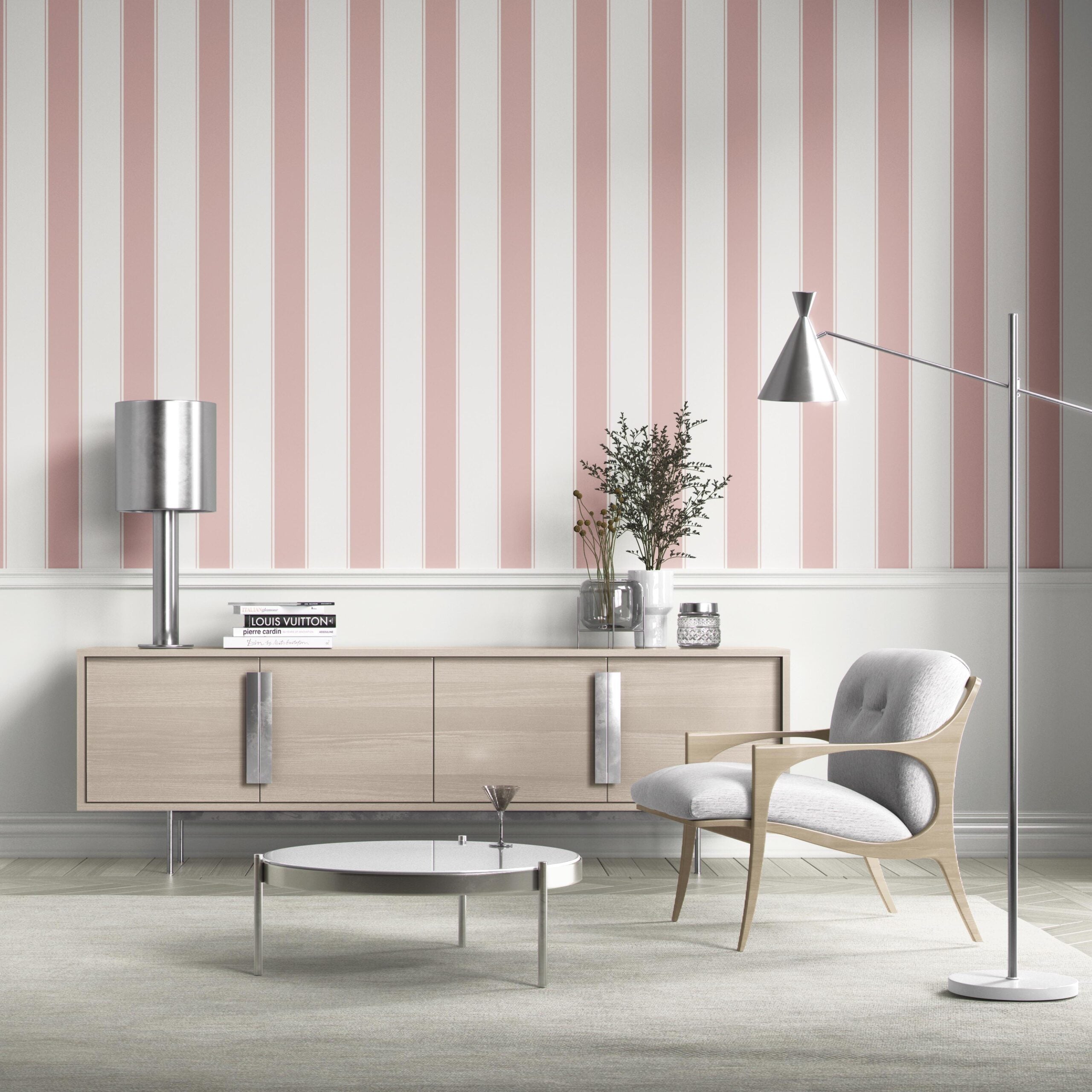 Geometric Striped Living Room Wallpaper (Pink/ White)